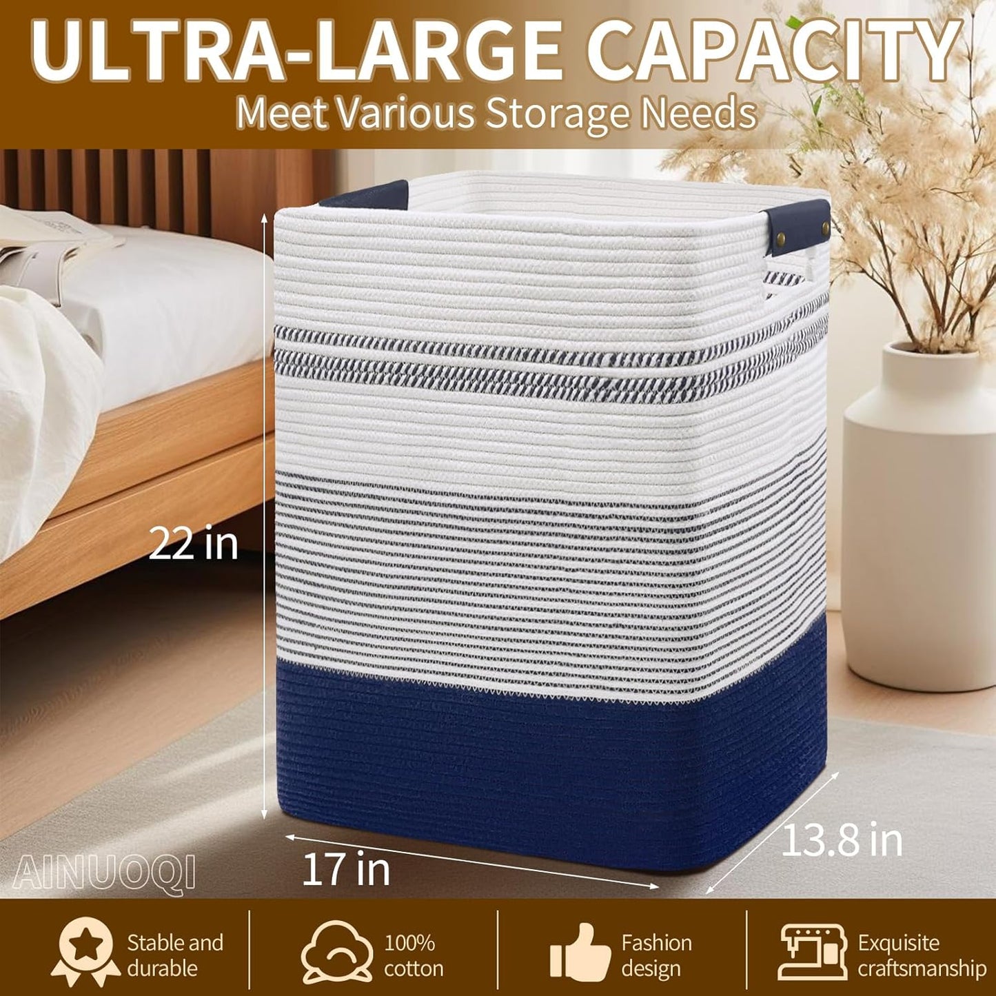 Large Laundry Basket - Tall Woven Rope Laundry Hamper with Leather Handles - Dirty Clothes hamper for Living room, Bedroom, 17.8" X 13.8" X 22", Dark Blue & White