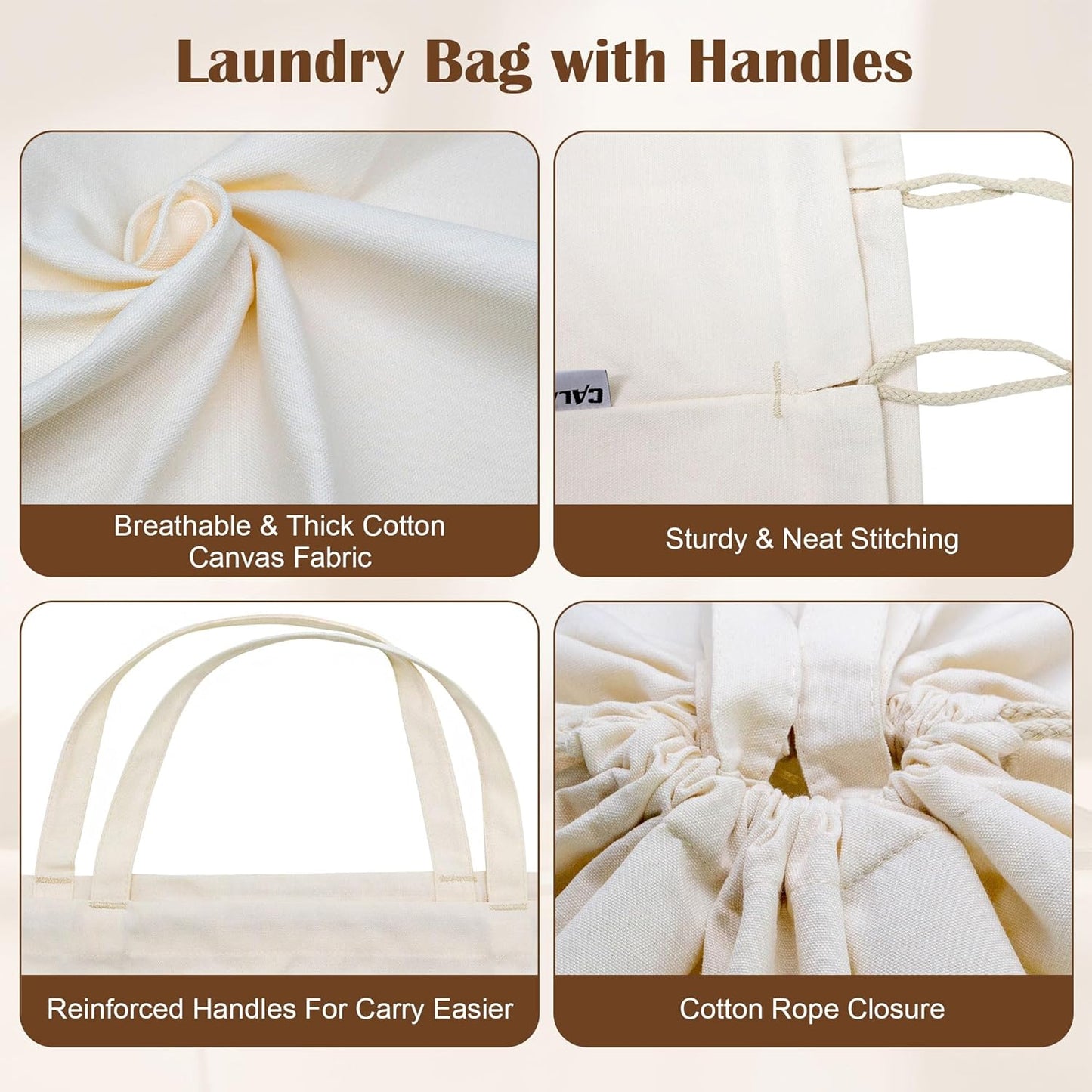 Canvas Laundry Bag with Handles & Drawstring Closure 27.5”x35", Thick Cotton Laundry Bag Heavy Duty Washable Dirty Clothes Travel Sack for Camp, College Dorm, Laundromat (Beige L, 2 Pack)