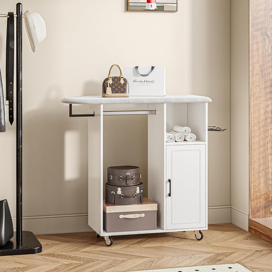Rolling Ironing Board with Storage Cabinet, Multipurpose Wooden Ironing Cabinet with Wheels, Ironing Table with Heat-Resistant Sponge