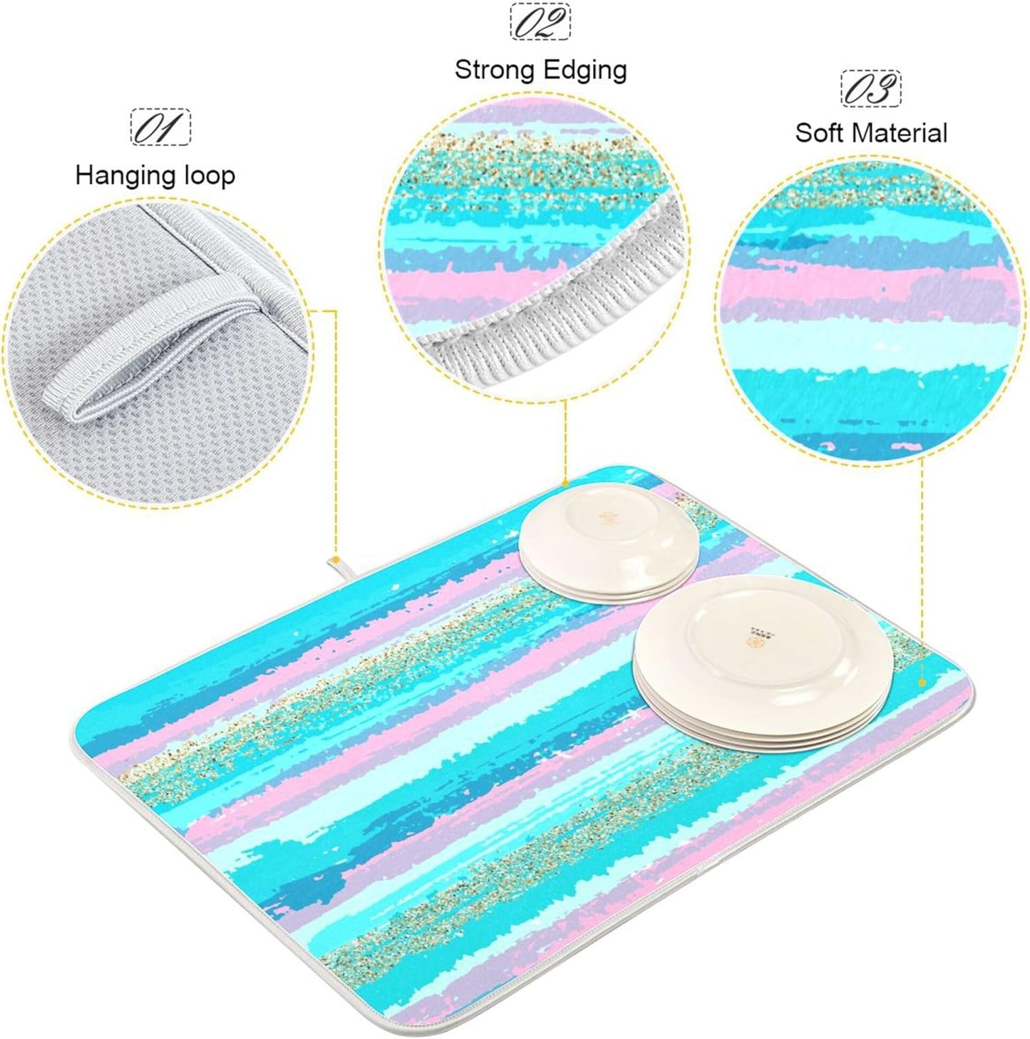 Turquoise Stripe Dish Drying Mat for Kitchen Countertop 18x24 Rectangle Teal Aqua Large Drying Mat Reusable Quick Dry Dish Sink Absorbent Mats Dishwasher Easy Clean Decorative Home Decor Essentials