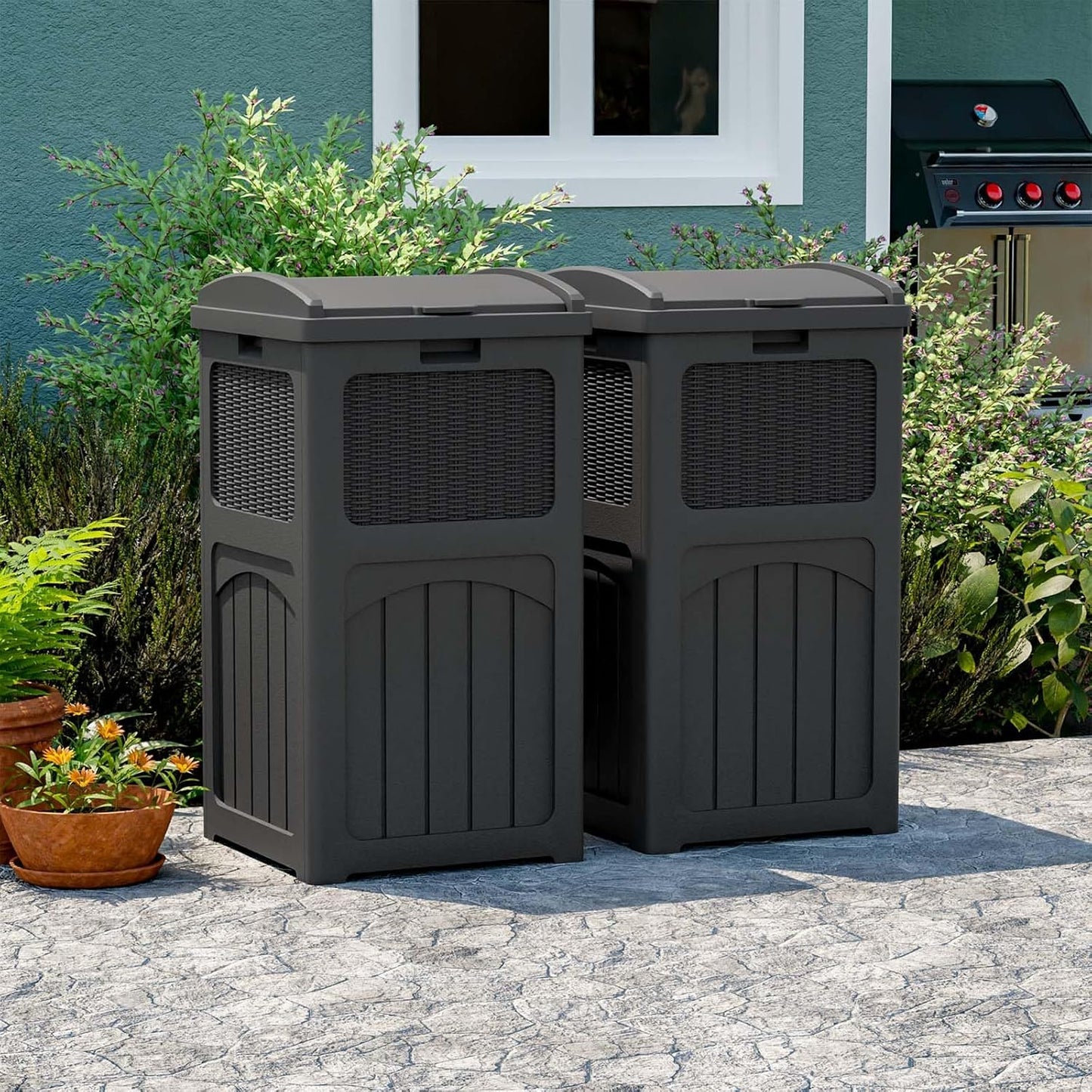 Patiowell 36 Gallon Outdoor Trash Can, Resin Outdoor Garbage Can with Lid for Patio, Backyard, Deck, Black (2 Pack