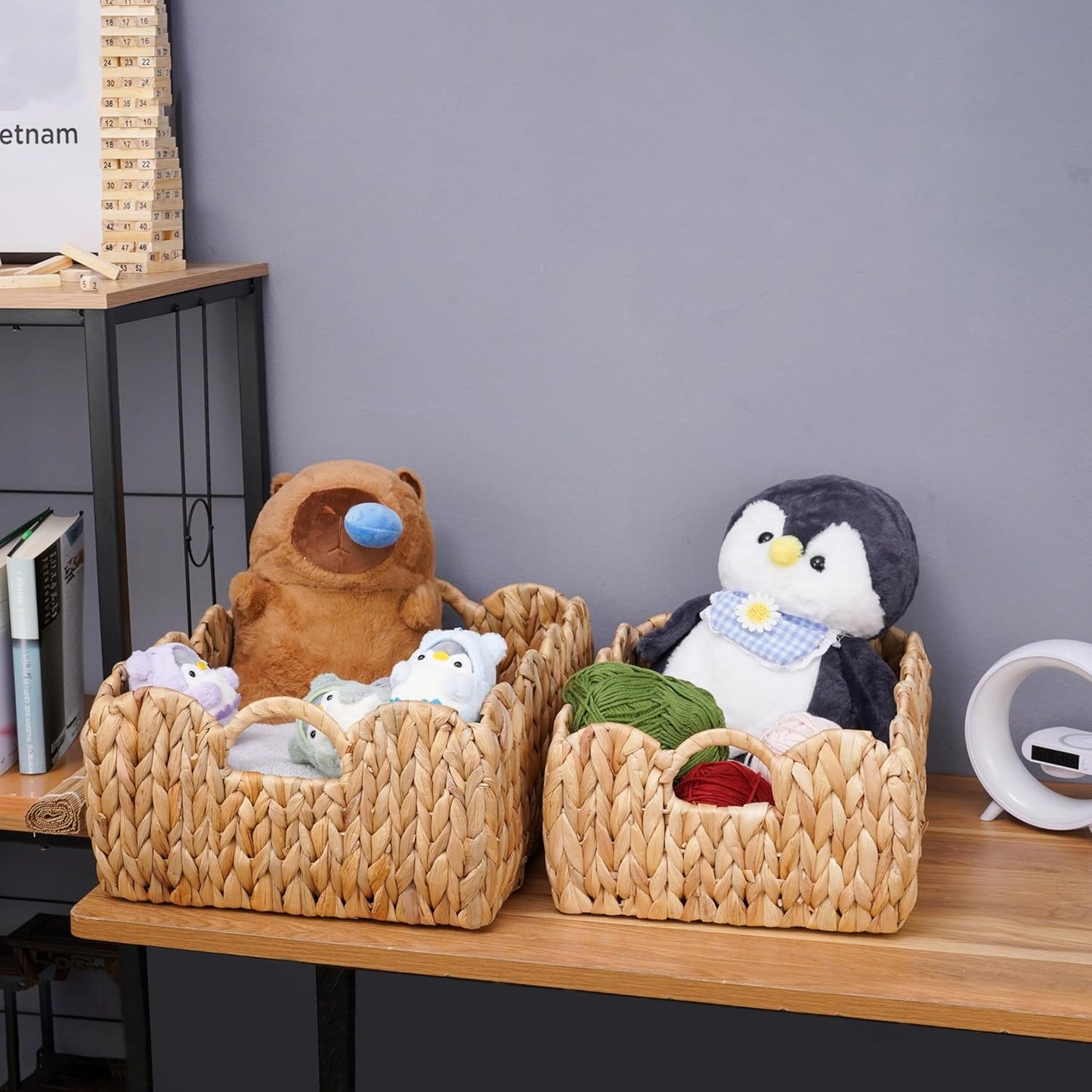 Set of 2 Scalloped Edge Wicker Storage Basket with Built-in Handles, Rectangle Water Hyacinth Basket for Organizing, Decorative Woven Rattan Basket for Shelf, Nursery Room