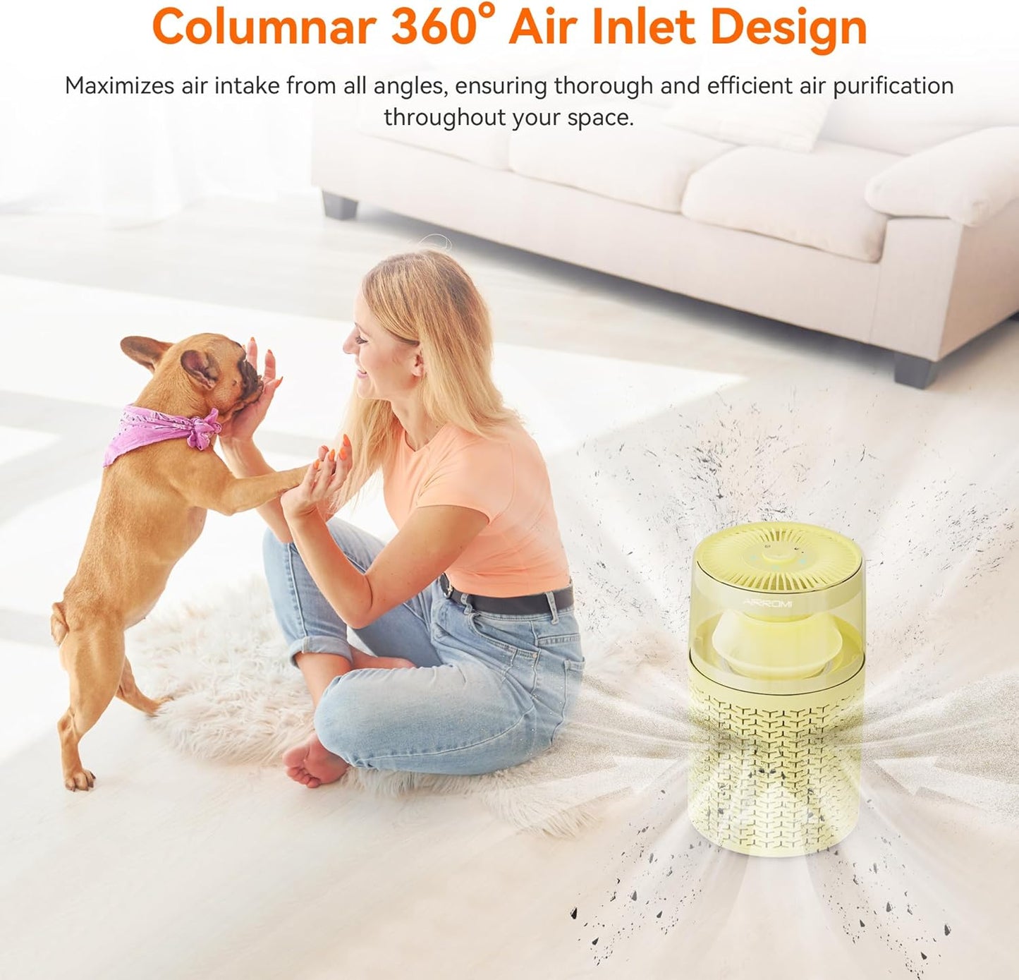 AIRROMI Pet Air Purifier for Home Bedroom Covers 658 Ft²,with Activated Carbon Filter,Aromatherapy,Nightlight, and Quiet 360°Intake Tackles,Filters Smoke,Pet Hair,Dander,Allergies,Odors,A2002 Yellow