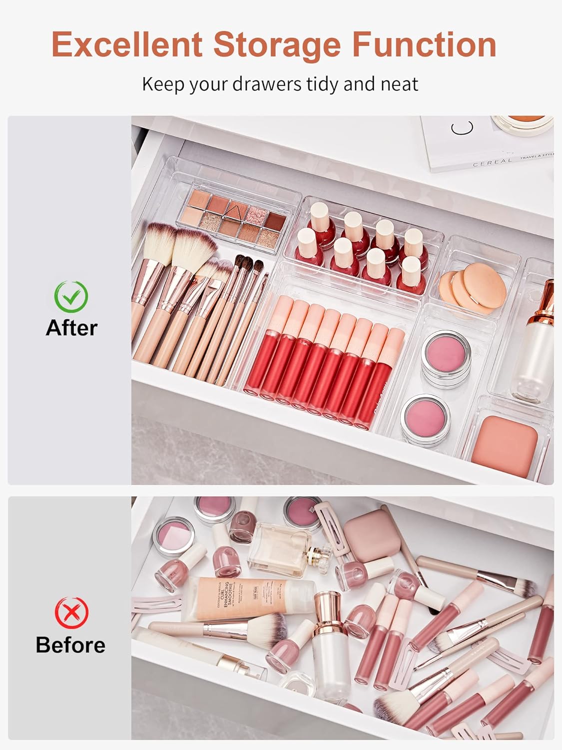 SMARTAKE 13-Piece Drawer Organizer with Non-Slip Silicone Pads, 5-Size Desk Drawer Organizer Trays Storage Tray for Makeup, Jewelries, Utensils in Bedroom Dresser, Office and Kitchen (Clear)