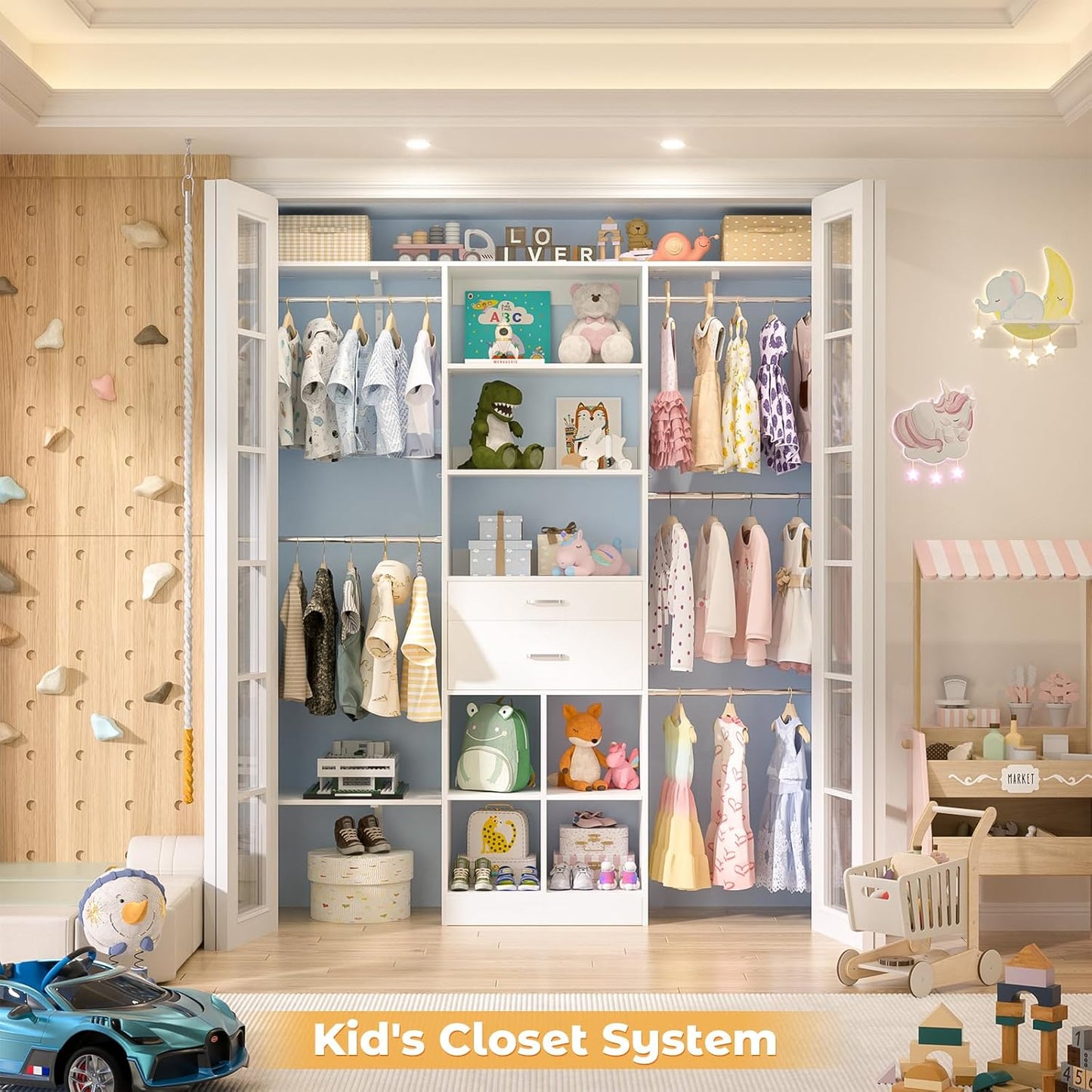 5FT Small Closet System, Baby Closet Organizer System with Wooden Drawers, 60 Inches Walk In Closet System With 5 Hanging Rods and 3 Reversible Hanging Shelving, White