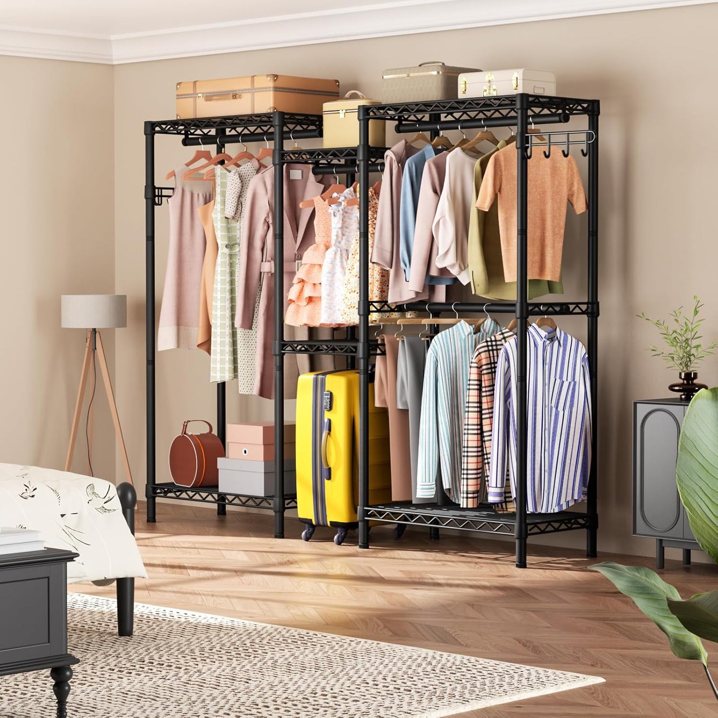 Heavy Duty Garment Rack Large Clothes Rack,Freestanding Closet Portable Clothing Rack with 7 Adjustable Wire Shelves&4 Hang Rods&2 Hooks,Metal Closet Storage Organizer Wardrobe System,MaxLoad 1000lbs