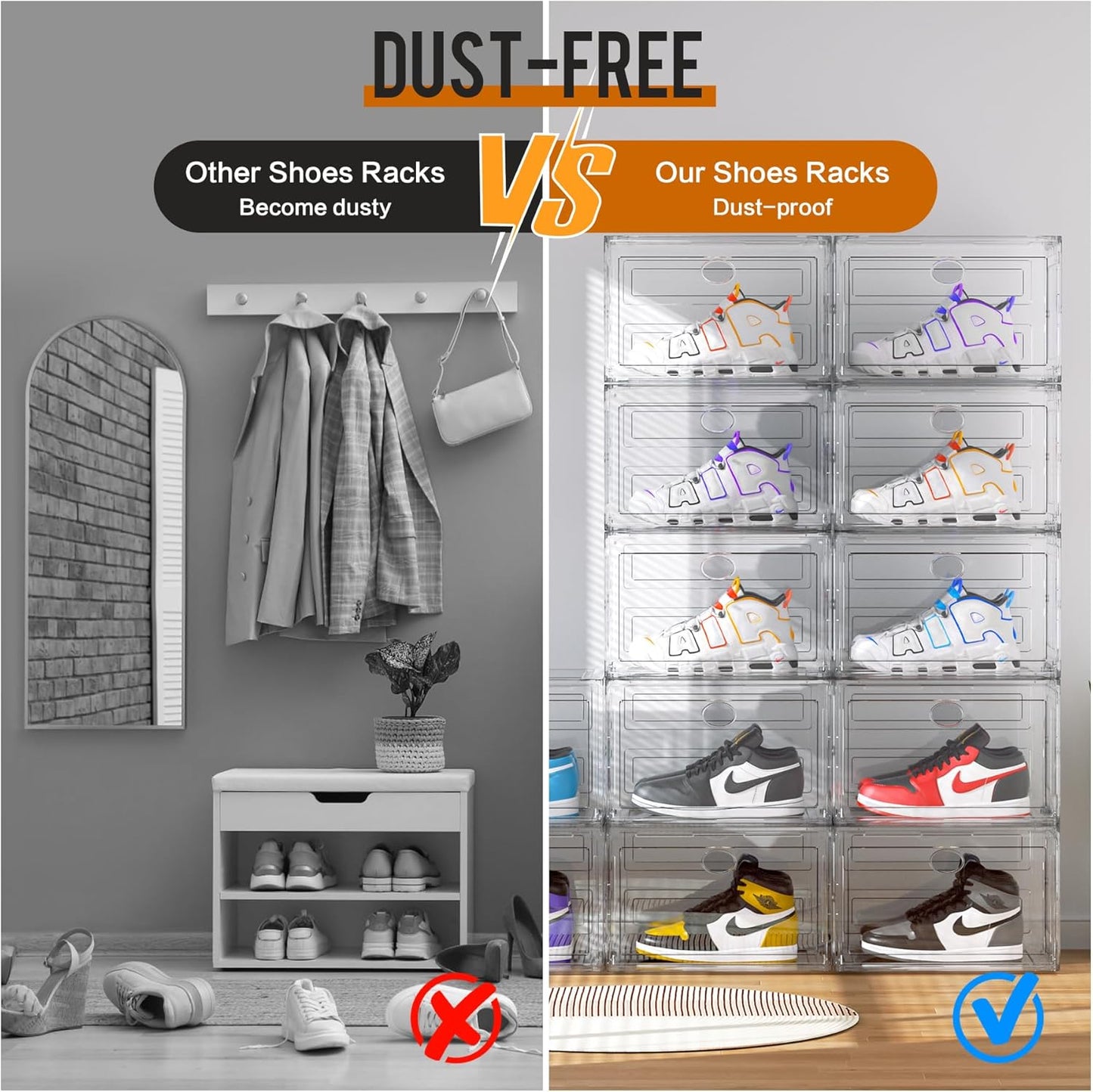 KEFA XL Shoe Storage Box Organizer, 6 Pack Shoe Boxes Clear Plastic Stackable, Sneaker Display Case Container Fit for US 13 (Side 6 PACK CLEAR)