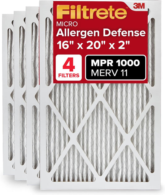 Filtrete 16x20x2 AC Furnace Air Filter, MERV 11, MPR 1000, Allergen Defense, 3-Month Pleated 2-Inch Electrostatic Air Cleaning Filter, 4 Pack (Actual Size 15.5 x 19.5 x 1.75 in)