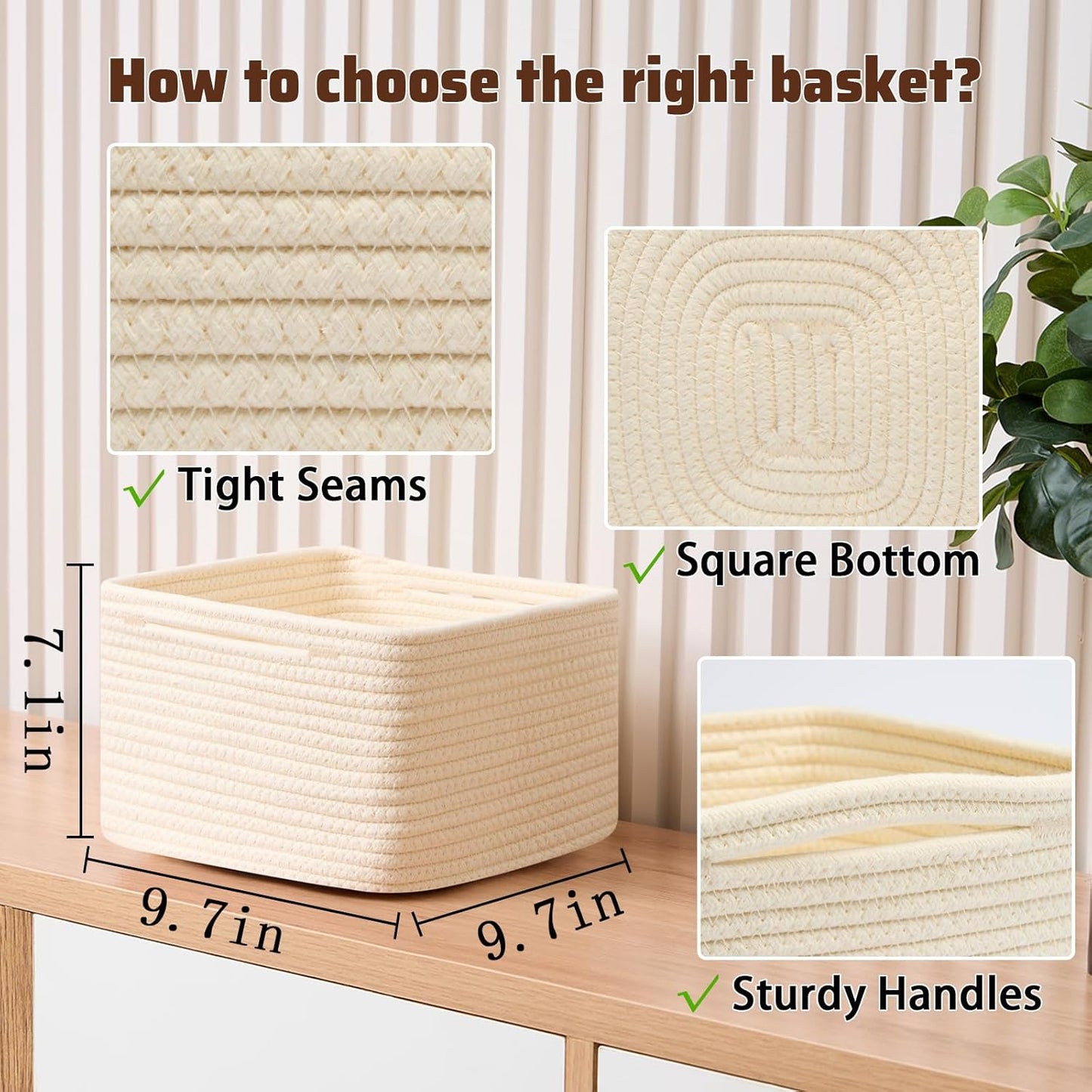 Small Organizing Baskets for Cubes Shelf, 9.7x9.7x7.1 Inch Rope Woven Storage Bins for Nursery Shelves Storage, Cute Toy Basket, Square 3 Packs Beige