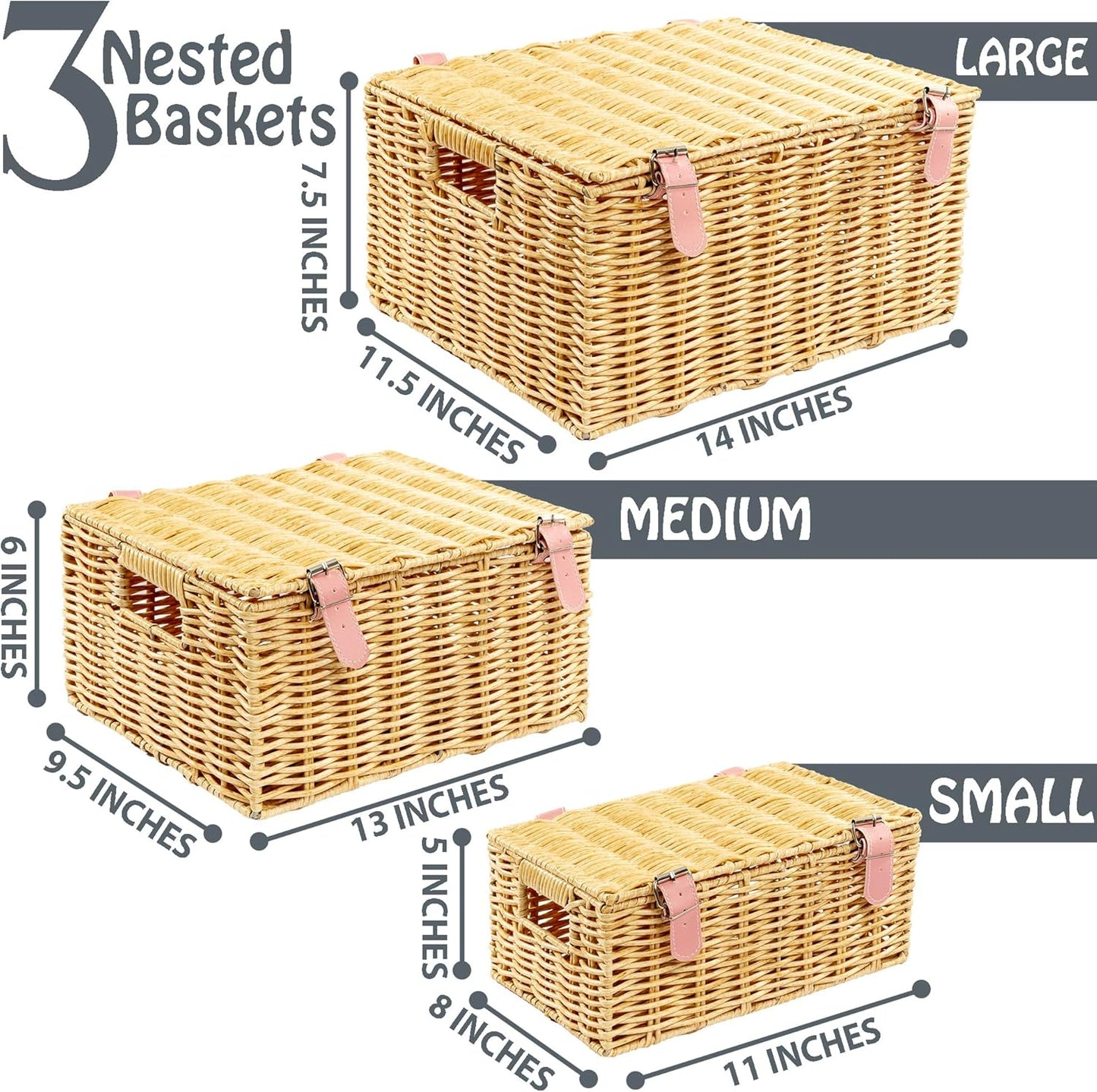 Wicker Storage Baskets with Lids – Set of 3 (Large, Medium, Small) for Organizing Clothes, Toys, Books – Stackable Basket with Lid for Bedroom, Nursery, and Home Decor