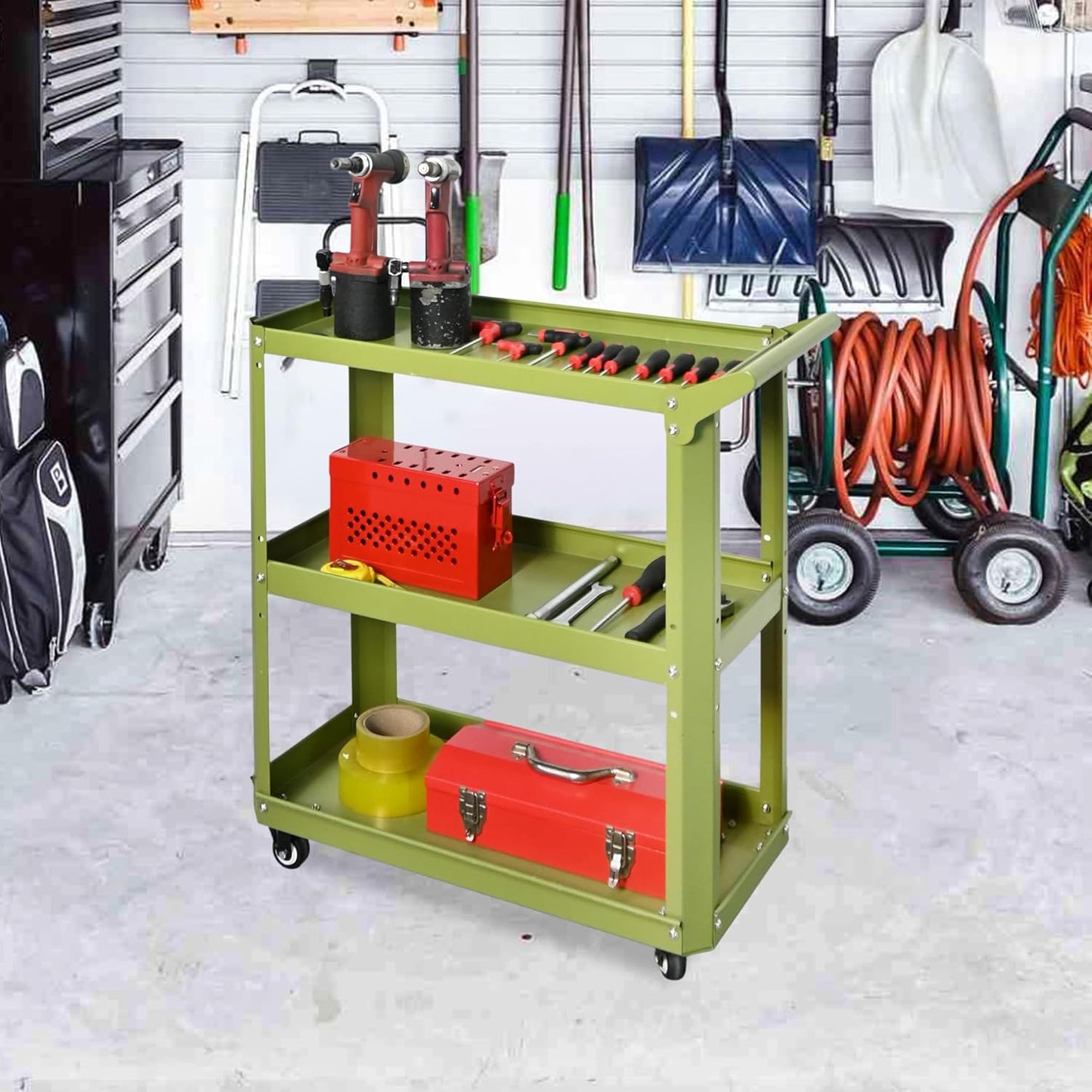 3 Tier Rolling Tool Cart with Lockable Silent Wheels, 330 LBS Capacity, Metal Service Cart for Home, Garage, Warehouse, Workshop