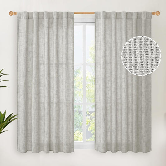 YoungsTex Light Grey Linen Curtains 45 Inch Length for Short Window, Light Filtering Burlap Textured Drapes Rod Pocket Back Tab for Kitchen Living Room Bedroom, 2 Panels, 42 X 45 Inch