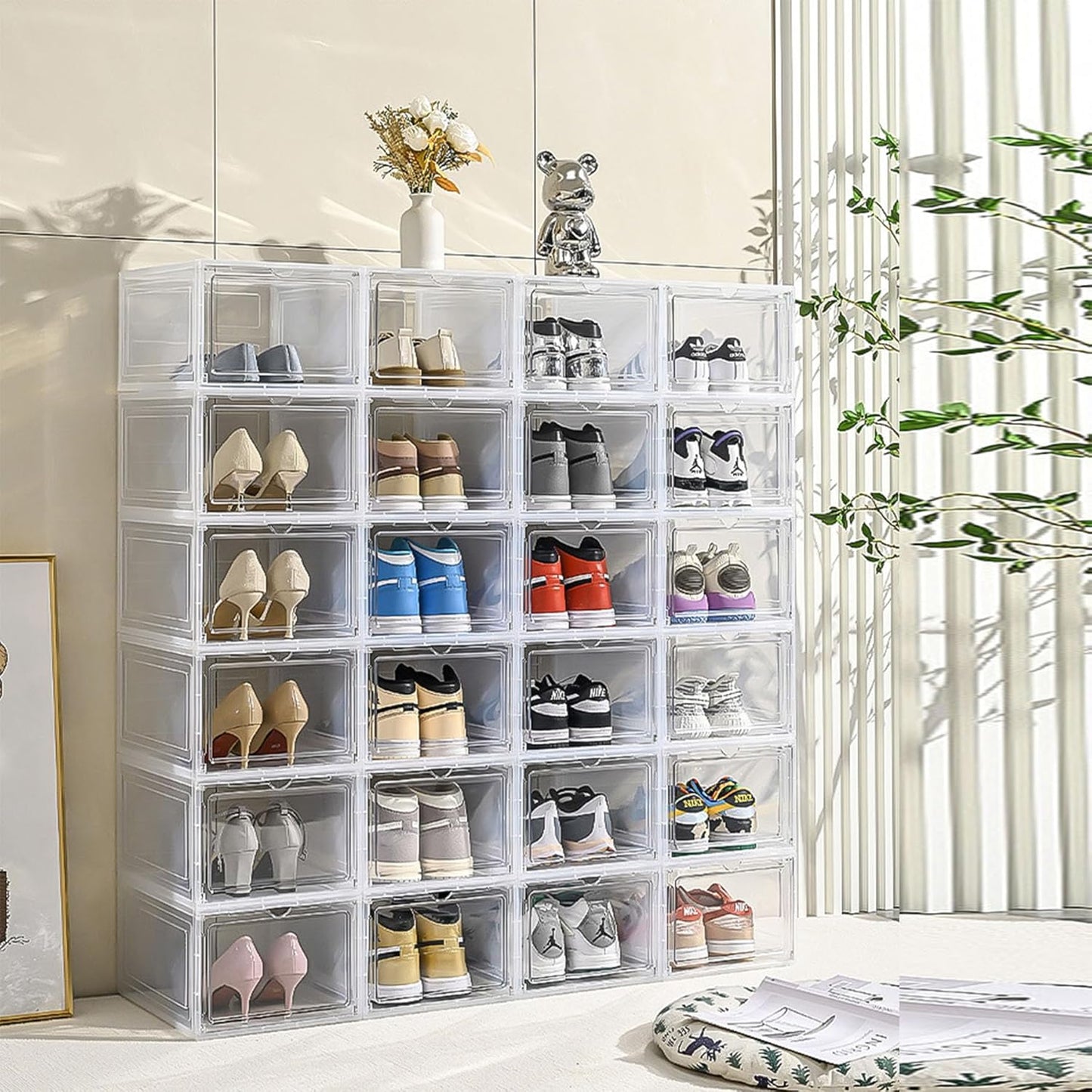 XXL Drop Front Shoe Storage Box Stackable, 6 Pack Shoe Display Case Fit US 15,Sneaker Storage Shoe Containers with Magnetic Door(6 PACK CLEAR)