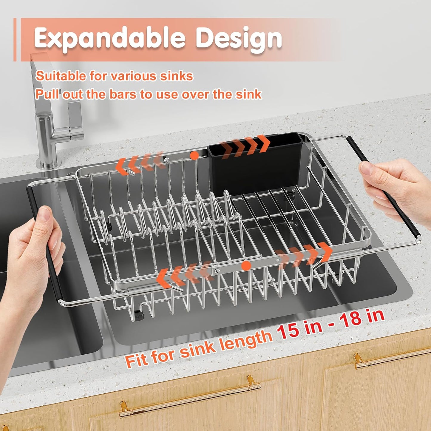 Small Expandable Over The Sink Dish Drainer Drying Rack In Stainless Steel Metal For Kitchen, Counter Space Saving Compact Above Plate Dryer Strainer, Adjustable Hanging Inside Sink Wire Drain Holder