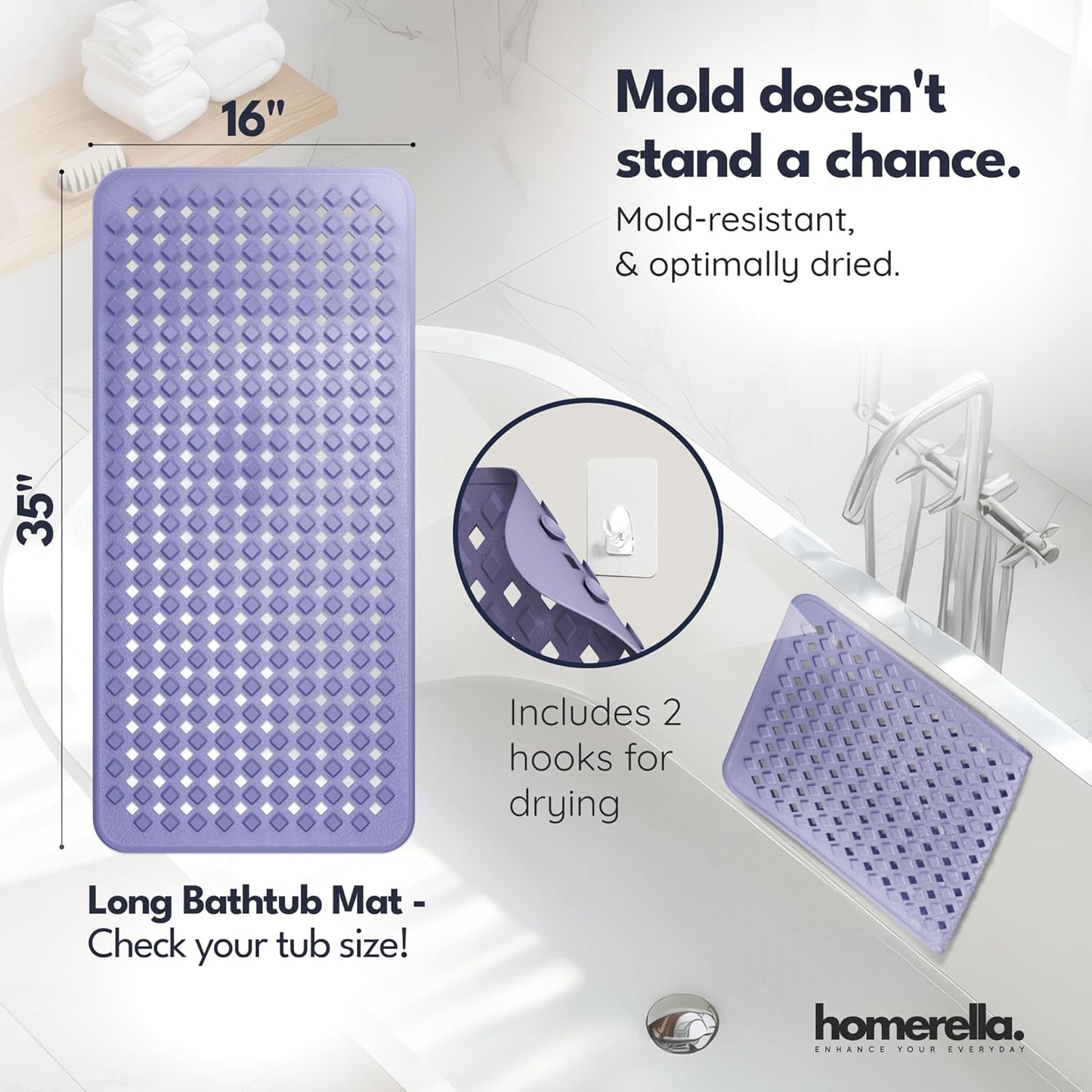 homerella® Bathtub Mat Non Slip 35x16, Incl. Hooks for Drying, Extra Long, 100% BPA Free, Shower Mat Non Slip Anti Mold, Machine Washable, Shower Mats for Inside Shower Mildew Resistant