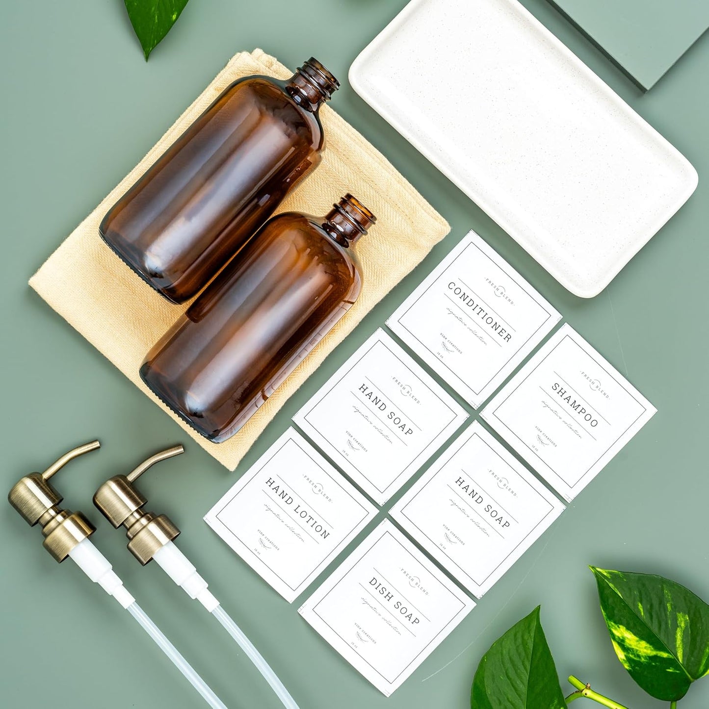 Vine Creations Amber Glass Soap Dispenser, 2 Pack Kitchen Soap Dispenser Set with Ceramic Tray, Stainless Steel Pump, Dish Soap and Hand Soap Dispensers for Bathroom Decor with Waterproof Labels