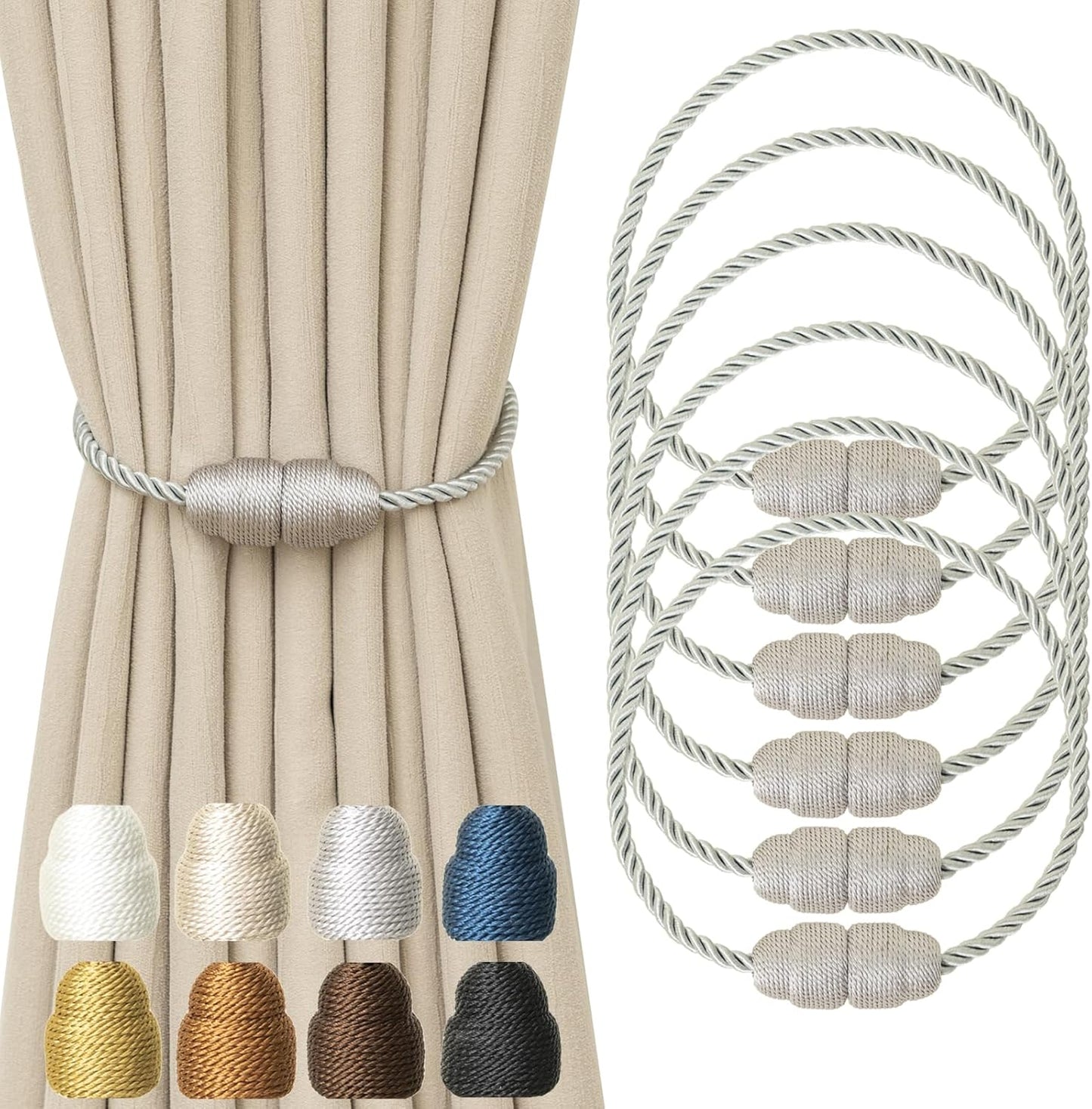 Magnetic Curtain Tiebacks Rope Curtain Tie Backs for Curtains 6 Pack Curtain Holders for Drapes Decorative Window Curtain Holdbacks, Grey