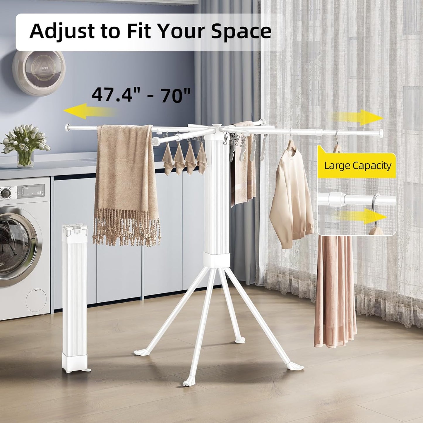 BIREN Clothes Drying Rack Foldable Extending Laundry Rack with 16 Clips Collapsible Clothing Rack Space-Saving Clothing Racks for Hanging Clothes, Indoor, Camping, Balcony, Outdoor