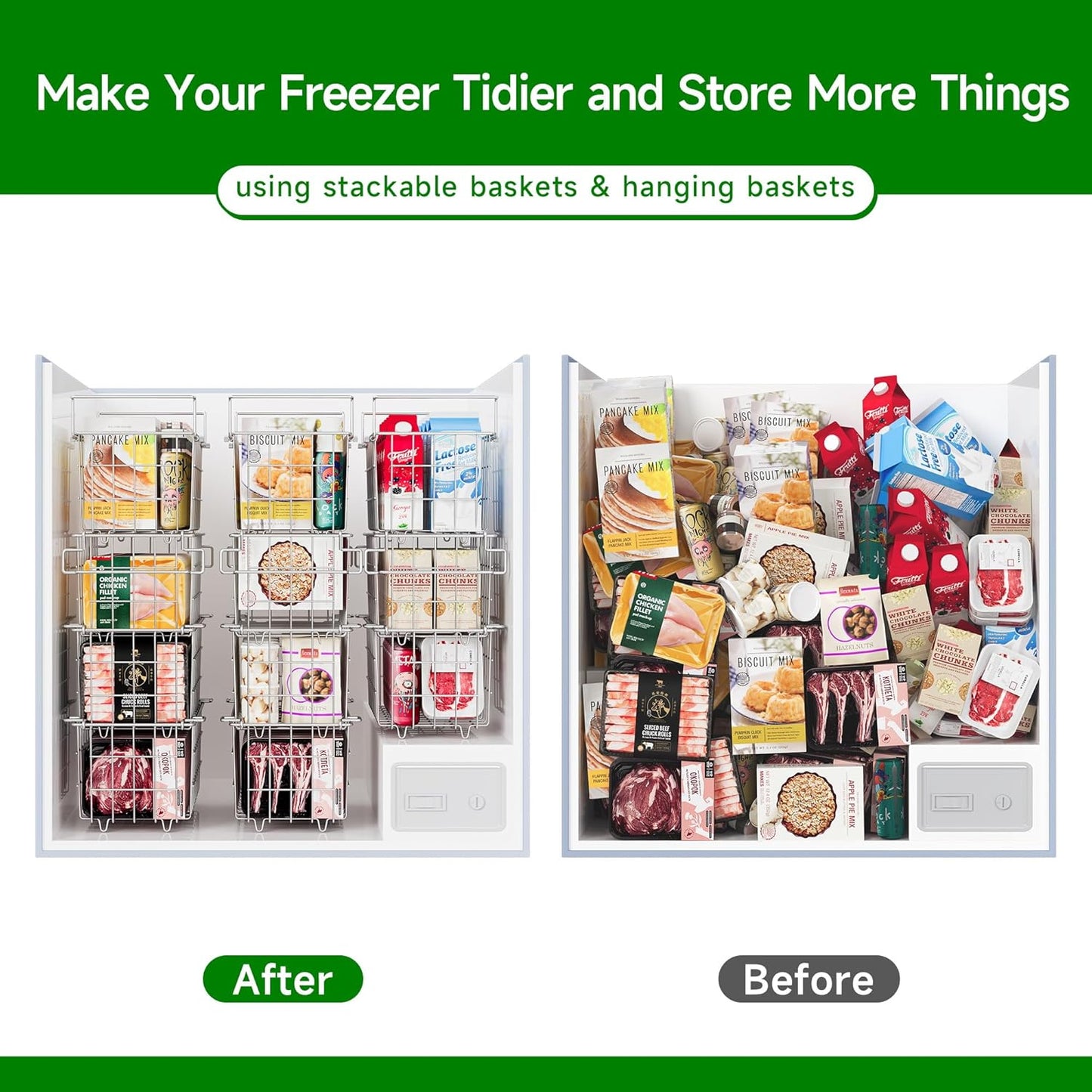 4-Pack Stackable & 1-Pack Hanging Chest Freezer Organizer Bins for 7 Cu.Ft Freezer