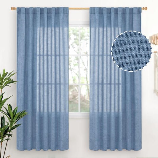 YoungsTex Denim Blue Linen Curtains 72 Inch Length for Living Room - Light Filtering Semi Sheer Drapes with Rod Pocket Back Tab Privacy Coastal for Bedroom, 2 Panels, 52 x 72 Inch