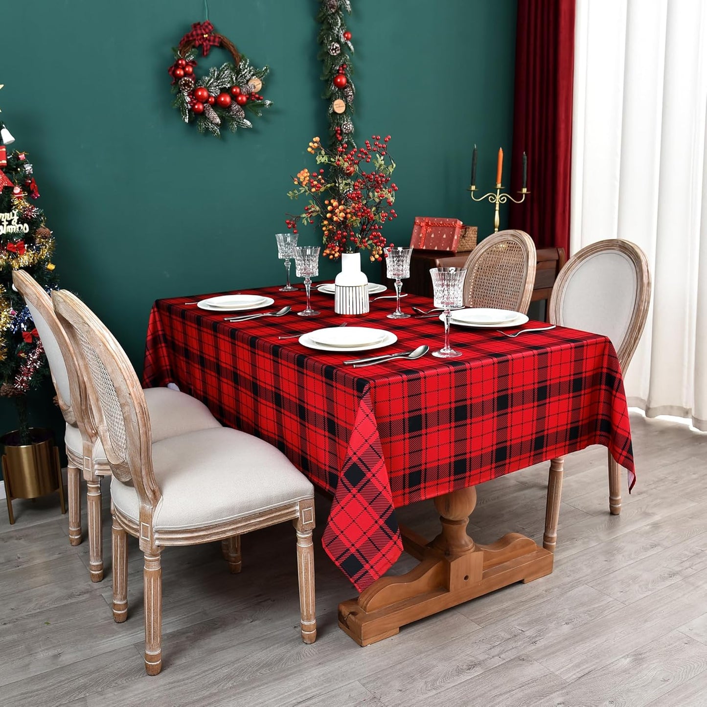 Waterproof Checkered Tablecloth Fabric - Rectangle 58x84 Inch Christmas Plaid Table Cloth for Indoor/Outdoor Use - Xmas Table Cover for Kitchen, BBQs, and Parties