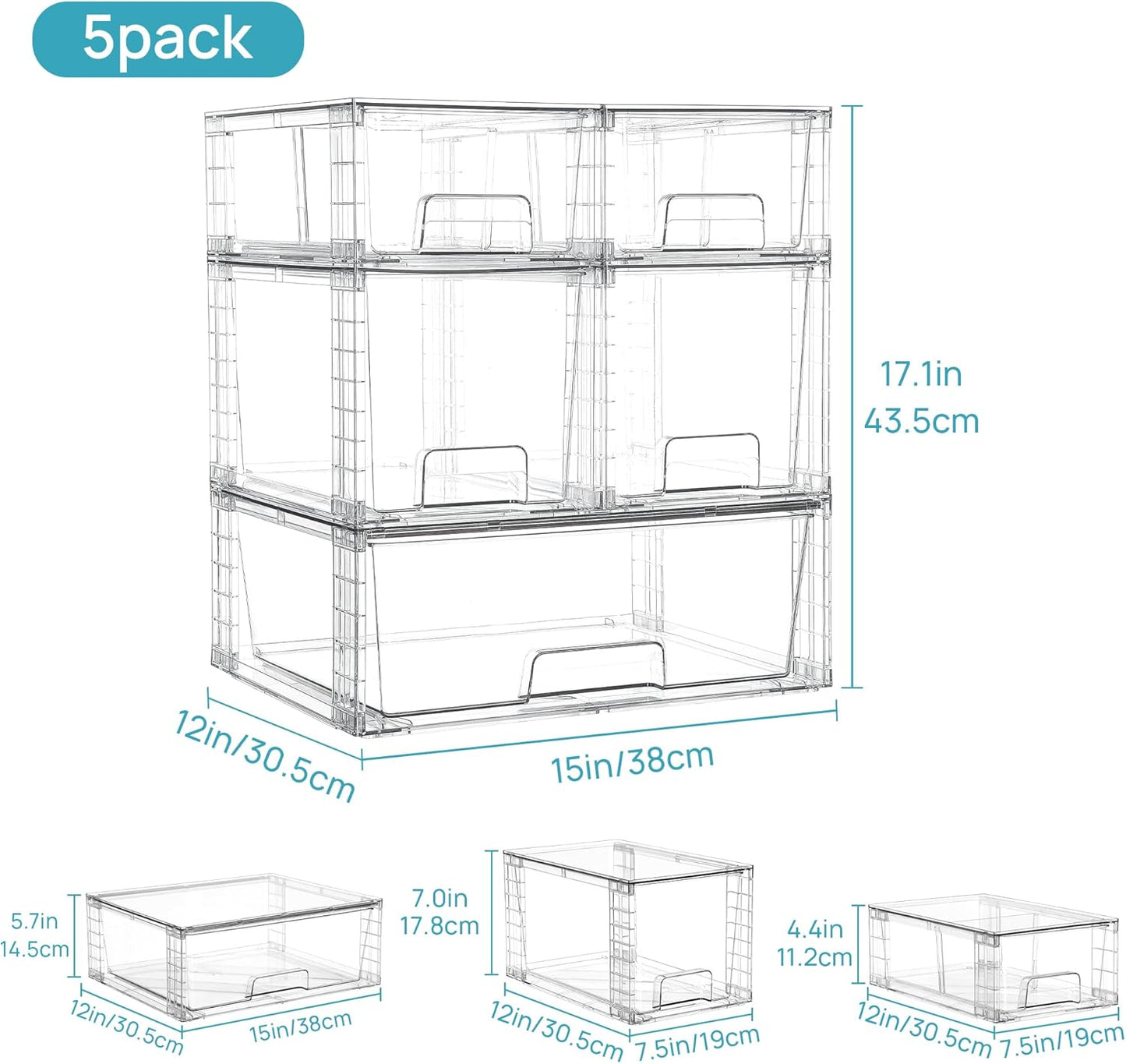 Vtopmart Clear Stackable Storage Drawers Set of 5, Easily Assemble Acrylic Bathroom Undersink Organizers,Plastic Storage Bins for Closet,Cabinet,Pantry,Medicine Organization
