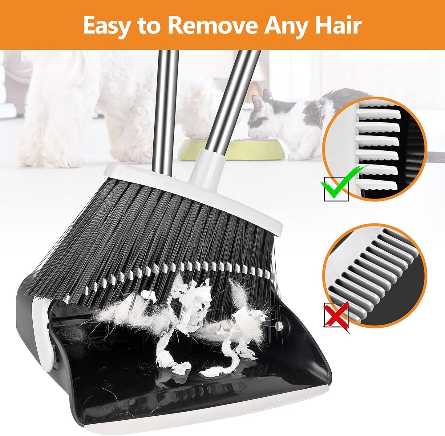 Broom and Dustpan Set, Heavy Duty Dust Pan with Long Handle 51 Inch Broom with Dustpan Combo Set Upright Self-Cleaning Dust Pan Home Kitchen Lobby Indoor Outdoor Sweeping Cleaning Tool - Gray