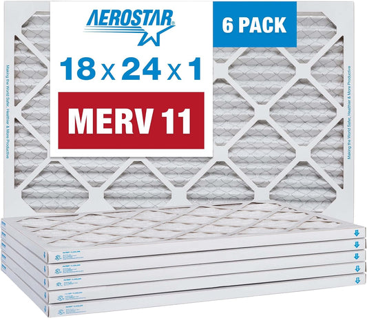 Aerostar 18x24x1 MERV 11 Pleated Air Filter, AC Furnace Air Filter, 6 Pack (Actual Size: 17 1/2" x 23 1/2" x 3/4")