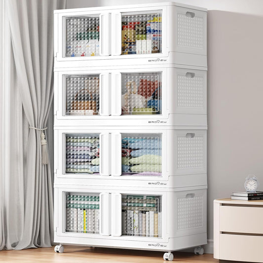 BROVIEW 400 Qt Stackable Storage Bins with Lids & Doors, 4 Pack Plastic Closet Organizer and Storage Drawers with Wheels, Large Collapsible Storage Boxes, Cabinet for Home, Office, V10, White