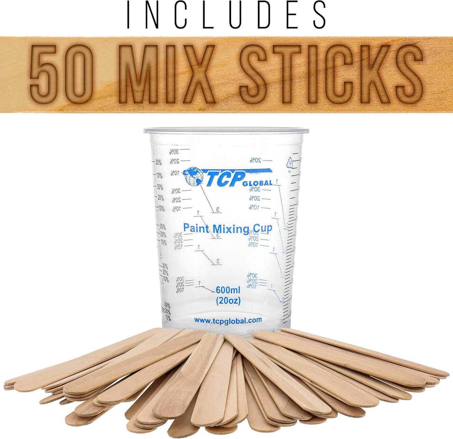 TCP Global 20 oz. (600ml) Graduated Plastic Mixing Cups - Box of 50 with 50 Mixing Sticks - Disposable Plastic Measuring Cups for Liquids, Paints, Resin, Epoxy, Art, Kitchen - Ratios 2-1, 3-1, 4-1 ML