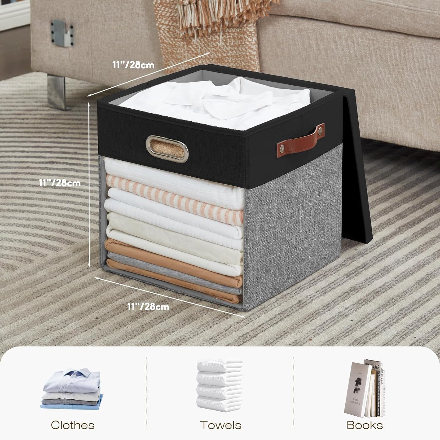 Fabric Storage Cubes with Clear Windows and Lids 11'' Foldable Storage Bins with 3 Handles, Decorative Storage Boxes for Home, Bedroom, Closet, Office (Black&Gray)