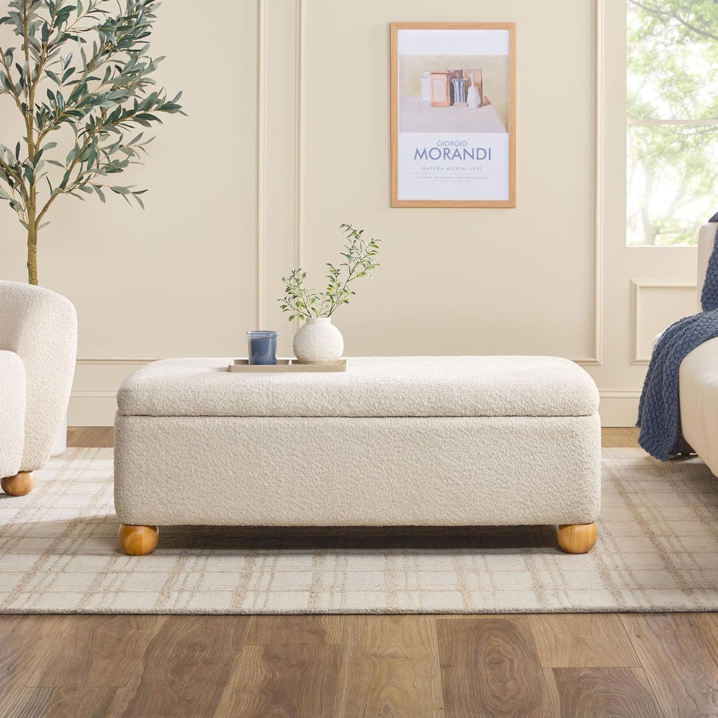 Walker Edison Linley Contemporary Large Storage Bouclé Ottoman with Wood Legs, Ivory