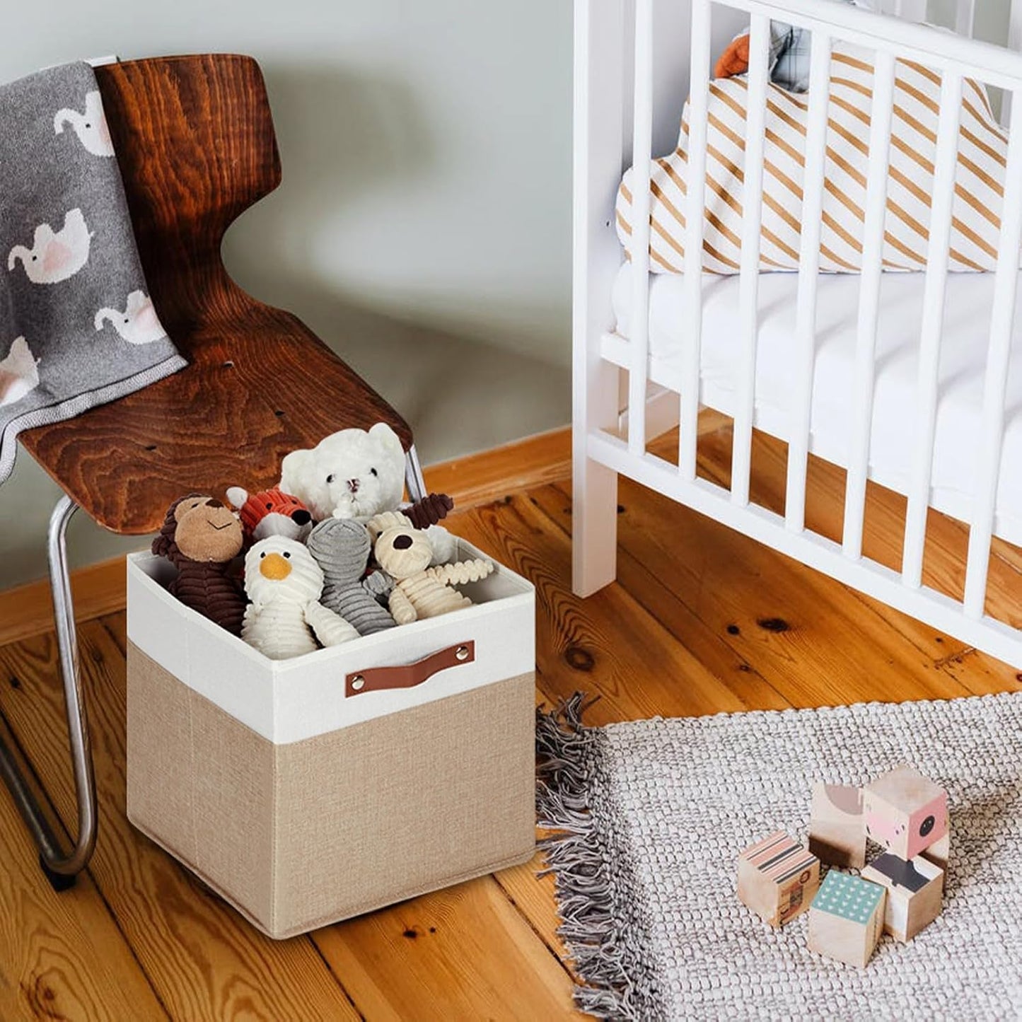 HNZIGE Fabric Baskets for Organizing 13x13 Storage Cubes, Set of 4 Fabric Foldable Canvas Storage Bins for Shelves, Cloth Storage Bins for Cube Organizers Toy Nursery Closet Bedroom?Beige&White?