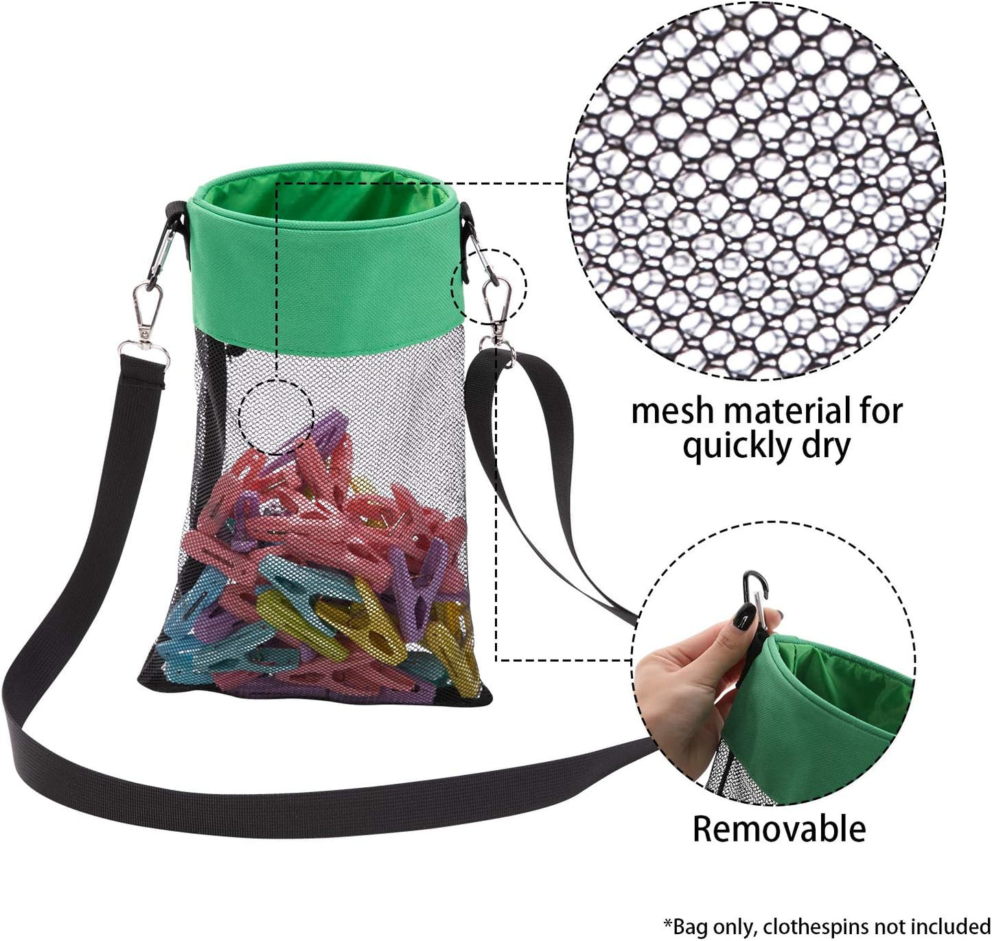 Mesh Clothespin Bag with Hooks Hanging Clothes Pin Bag with Drawstring Closure Clothespin Holder, Ventilation and Moisture Resistance, Storage Organizer, Machine Washable （Green）