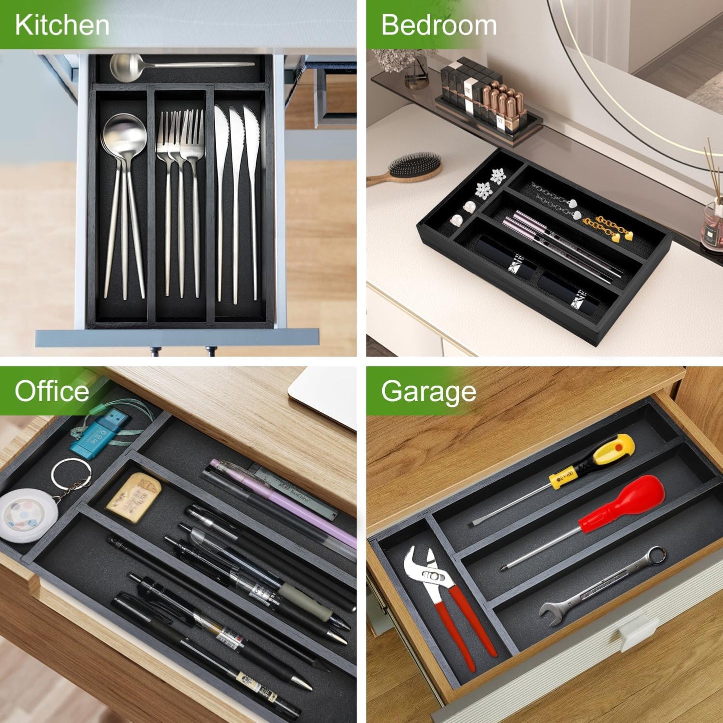 Small Wooden Silverware Organizer Tray Narrow Kitchen Drawer Dividers Utensil Organizers and Storage Black Cutlery Trays Spoon Flatware Organizer for Drawer Bamboo Cutlery Utensil Holder Tray