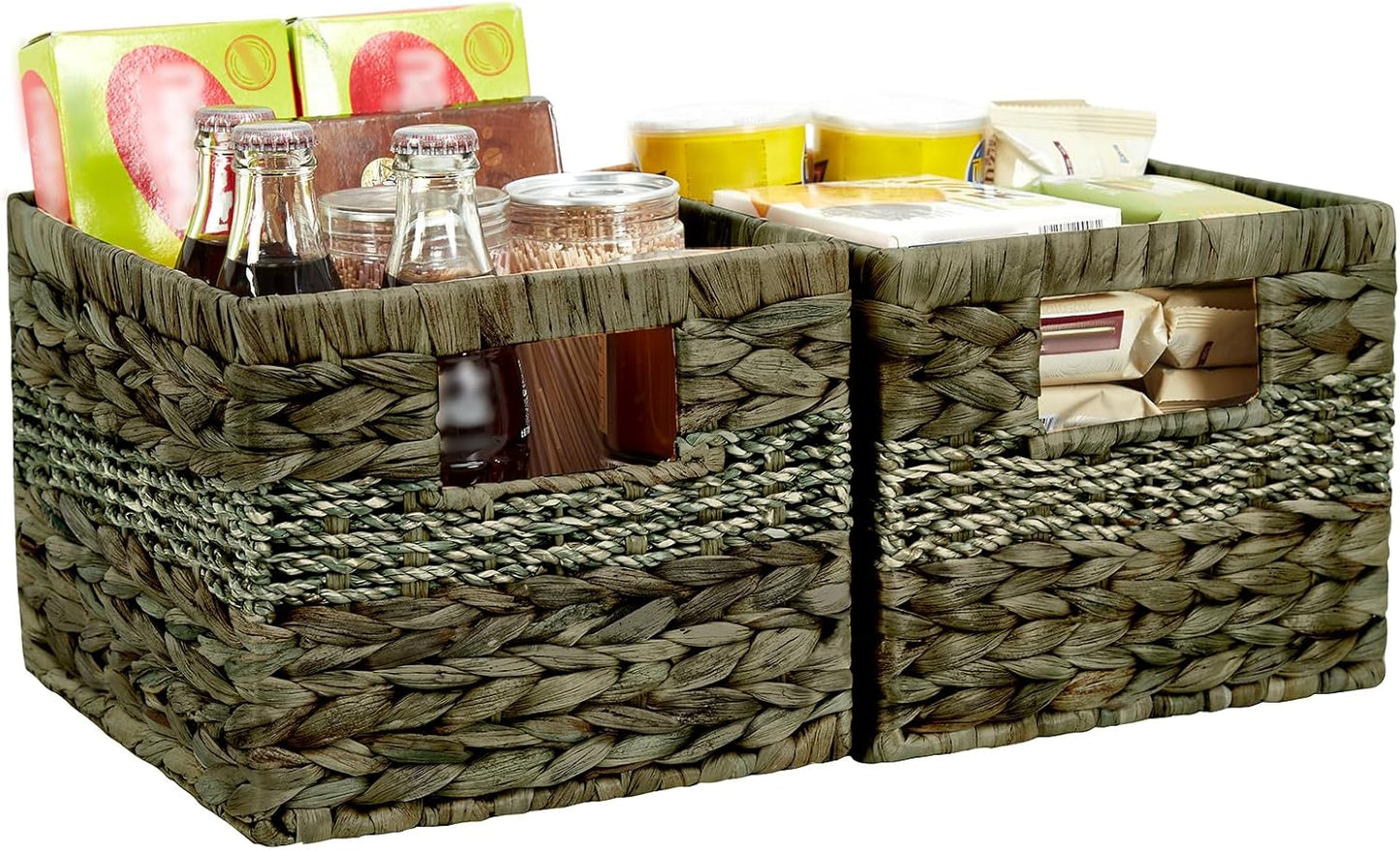 Water Hyacinth Wicker Basket, Decorative Woven Baskets with Built-in Handles, Hand-woven Storage Organizer for Organizing Pantry, Shelves, Livingroom, Bedroom, Toilet(2-PACK, Sage Green)