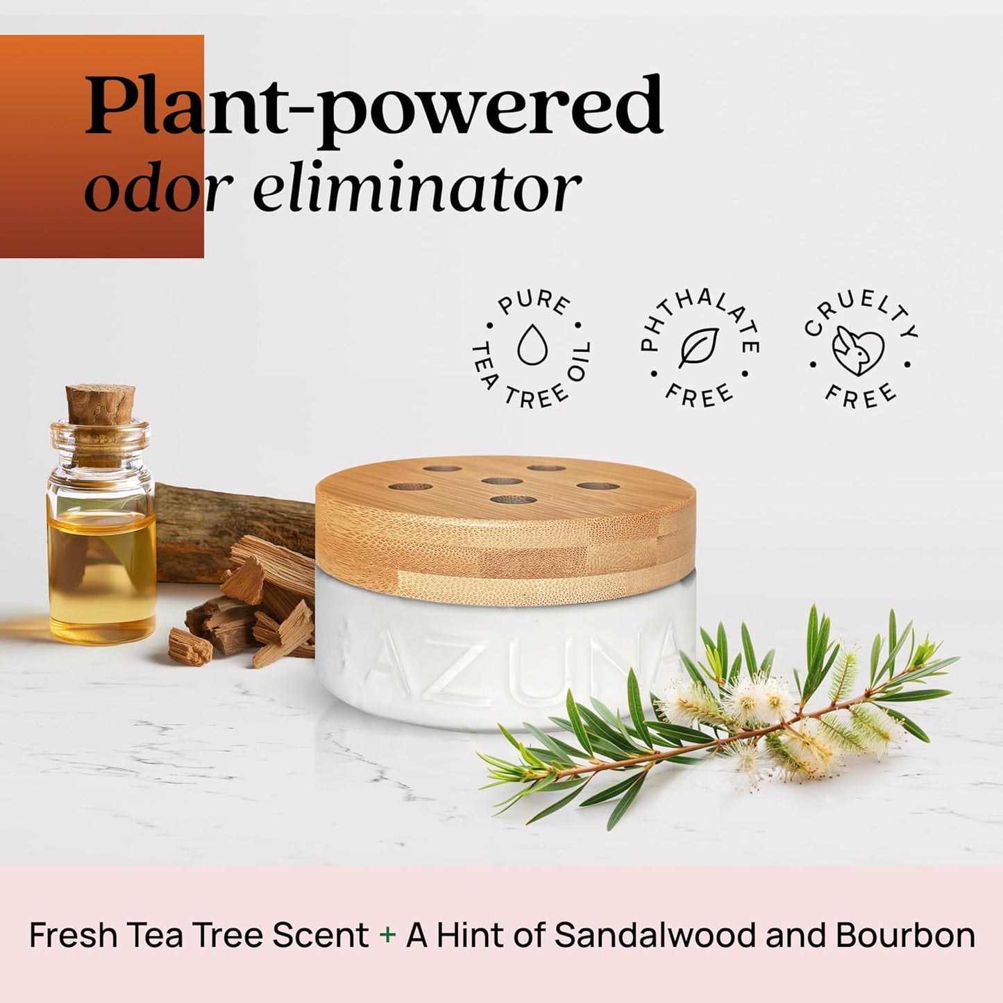 Azuna Air Freshener & Odor Eliminator for Strong Odor | 2 Room Kit Includes (2) Empty Luxe Glass Jar & 12oz Gel Refill with Tea Tree Essential Oil | Sandalwood Scent | Last 60-90 Days