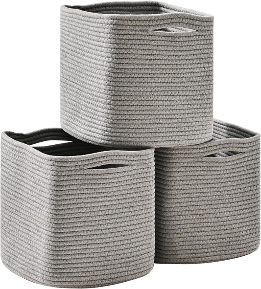 11 Inch Cube Storage Bins, Storage Cube Organizer Bins, Woven Cotton Rope Basket for Storage, Storage Baskets for Organizing Shelves, Grey Baskets for Toys Nursery, Grey (Pack of 3)