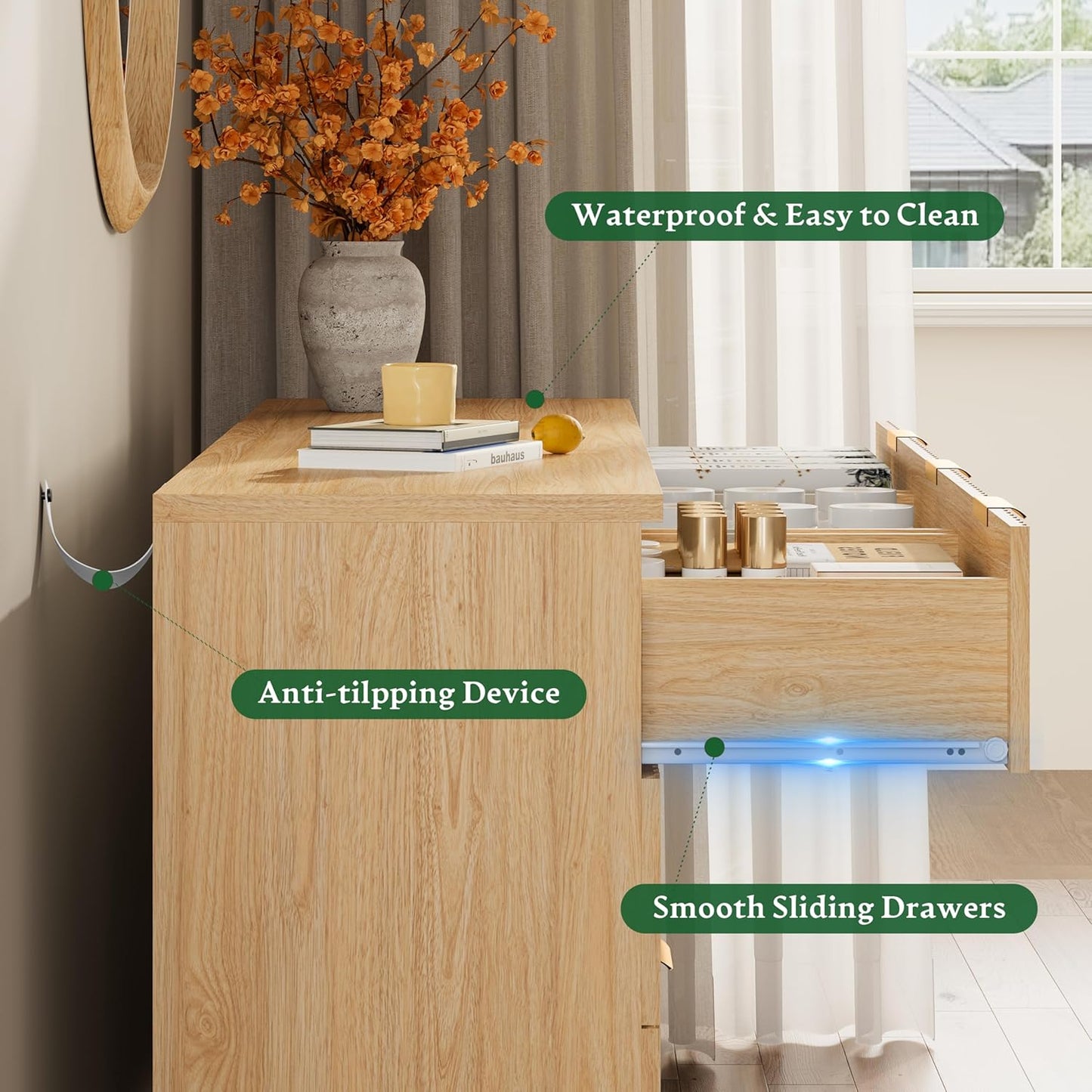 Fluted Dresser with 7 Drawers, 58" Wide Modern Chest of Drawers with Metal Handle, Wooden Dresser TV Stand, Wood Closet Clothes Storage Organizer for Bedroom, Living Room, Hallway, Natural Oak