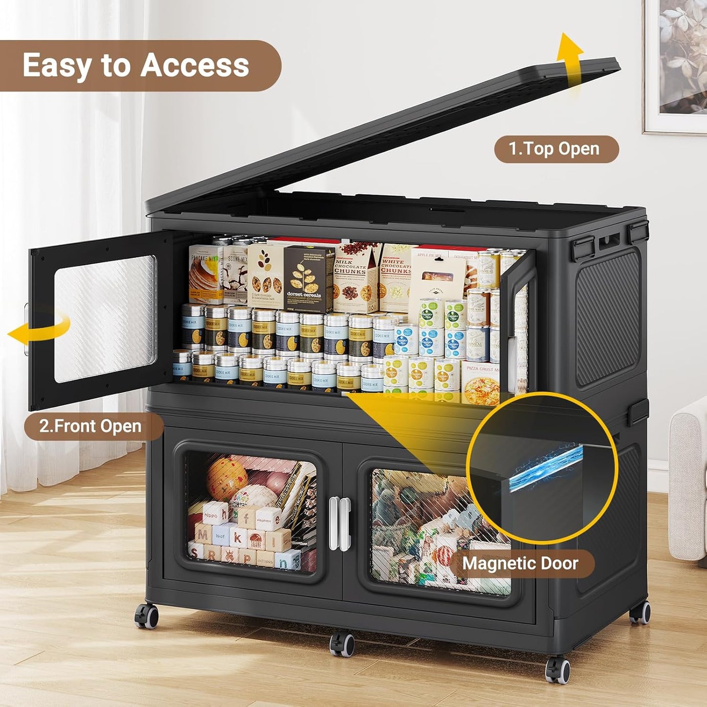 BROVIEW 660 Qt Stackable Storage Bin with Lids, 165Gal Extra Large Collapsible Storage Boxes, Folding Plastic Drawer, Heavy-Duty Store Cabinet, Closet Organizer for Home Kitchen, 3 Pack Black