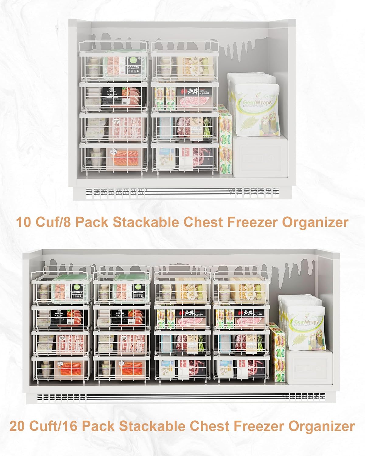 UMDONX 4 Pack Expandable Freezer Organizer Bins Large Freezer organizer Bins Stackable 11.4" Expand to 17.9", Fit 10 to 20 Cu.FT Black