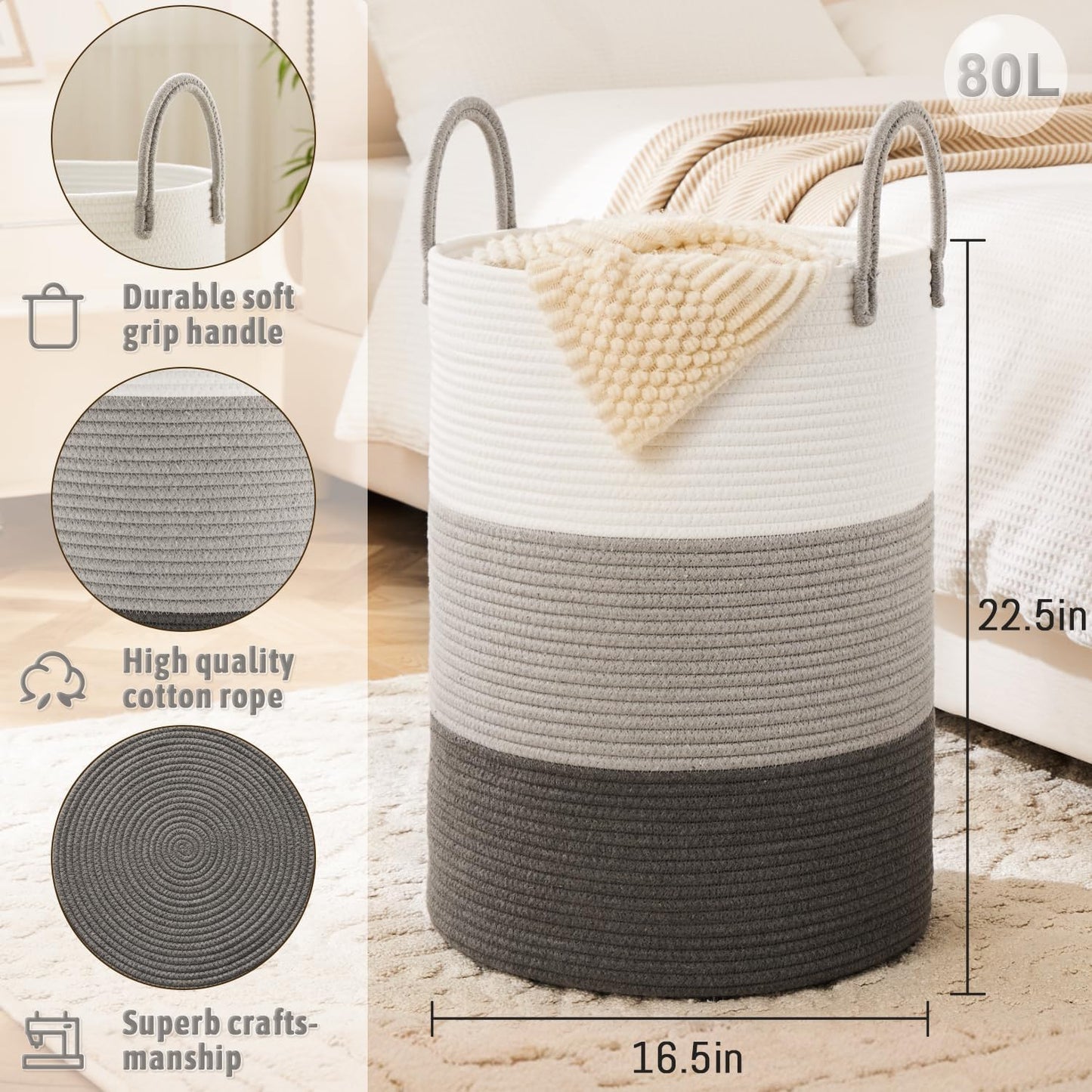Laundry Basket,Woven Cotton Rope Laundry Hamper,80L for Decorative Storage of Dirty Clothes,Toys and Blankets in Bathroom,Bedroom and Living Room