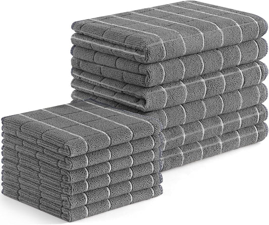 Homaxy Microfiber Kitchen Towels and Dishcloths Set, 12 Pack Soft and Absorbent Dish Hand Towels Bulk, 28 x 16 Inch & 12 x 12 Inch Quick Drying Rags for Washing Dishes, Grey