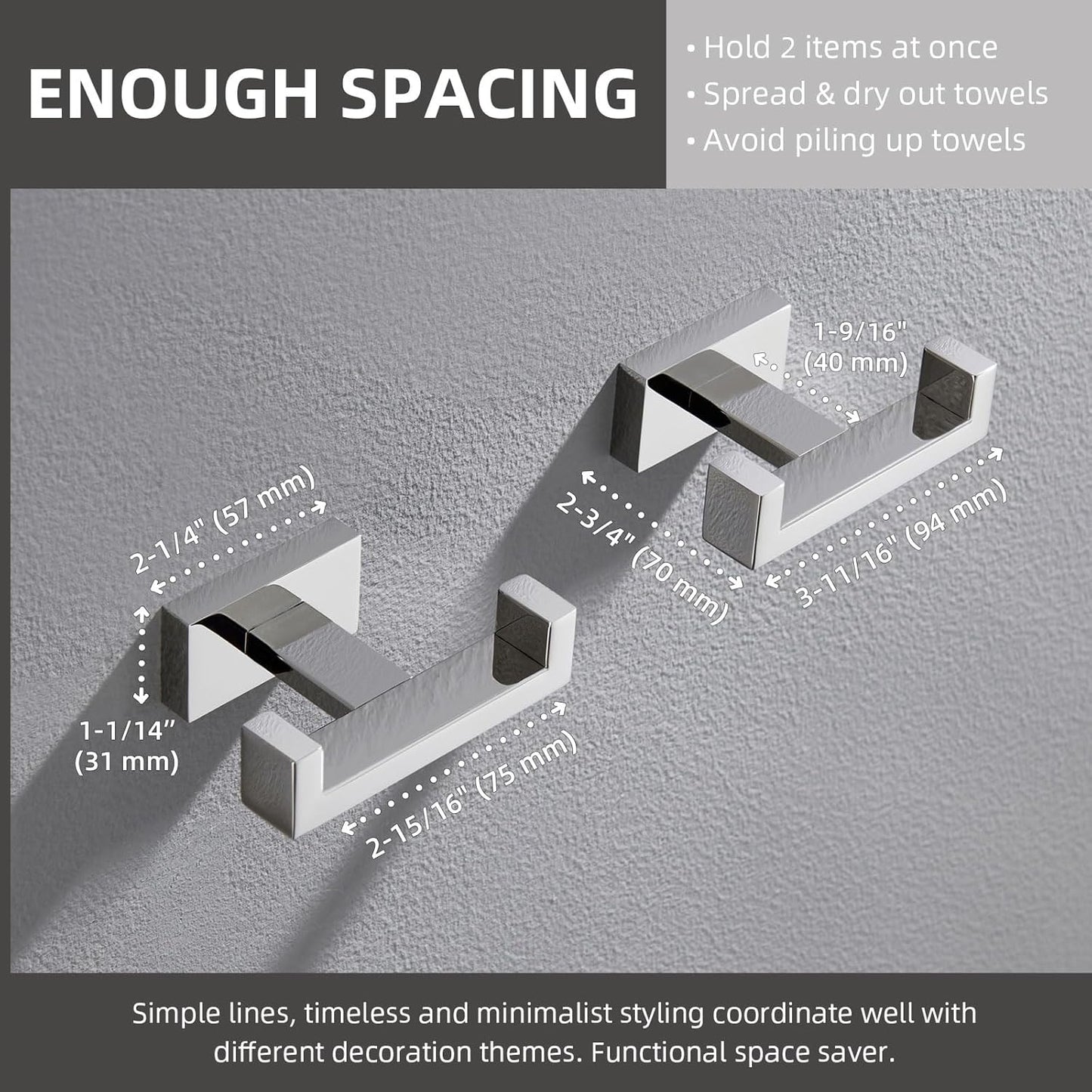 Angle Simple Double Towel Hooks, SUS 304 Stainless Steel Robe Coat Wall Hooks for Bathroom, Polished Chrome, 2 Pack