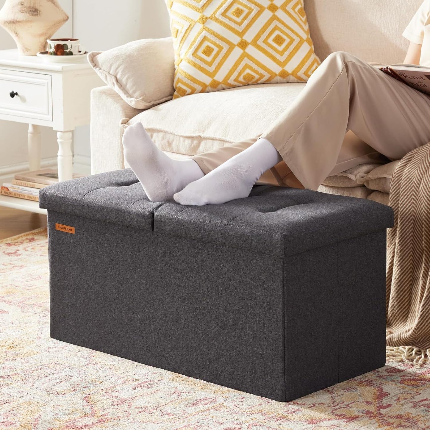 HAUSFRAU - 30 Inches Storage Ottoman Bench with Flipping Lid, Foldable Storage Chest Foot Rest for Living Room, Bedroom, Entryway, Load 660 lb, Linen Dark Gray
