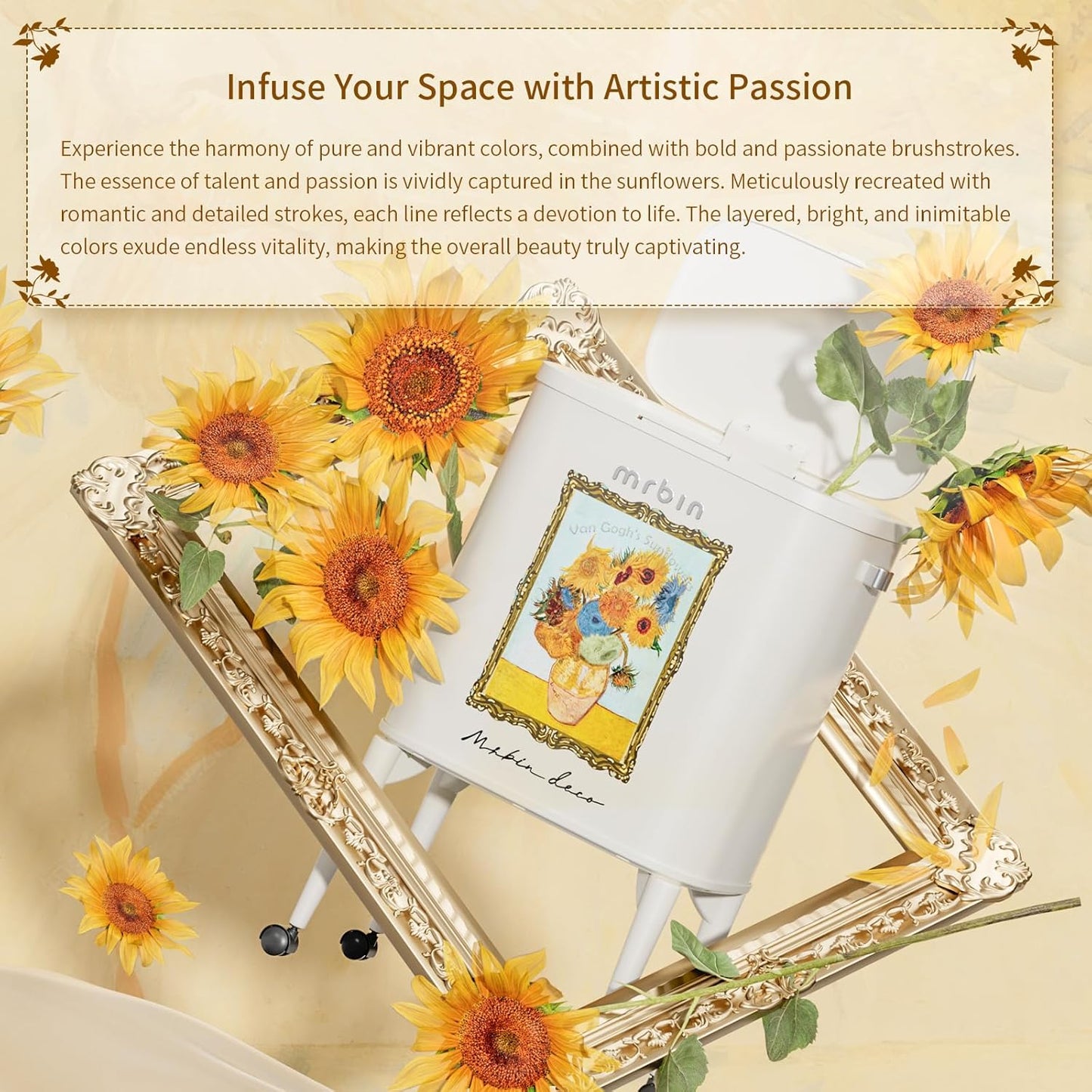 MRBIN Metal Motion Sensor Kitchen Trash Can with Wheel Legs, 36L / 9.5gal Medium Press Lid Slim Waste Basket, Pet Proof Tall Narrow Garbage Pail for Vanity, Bedroom, Bathroom, Living Room, Sunflower