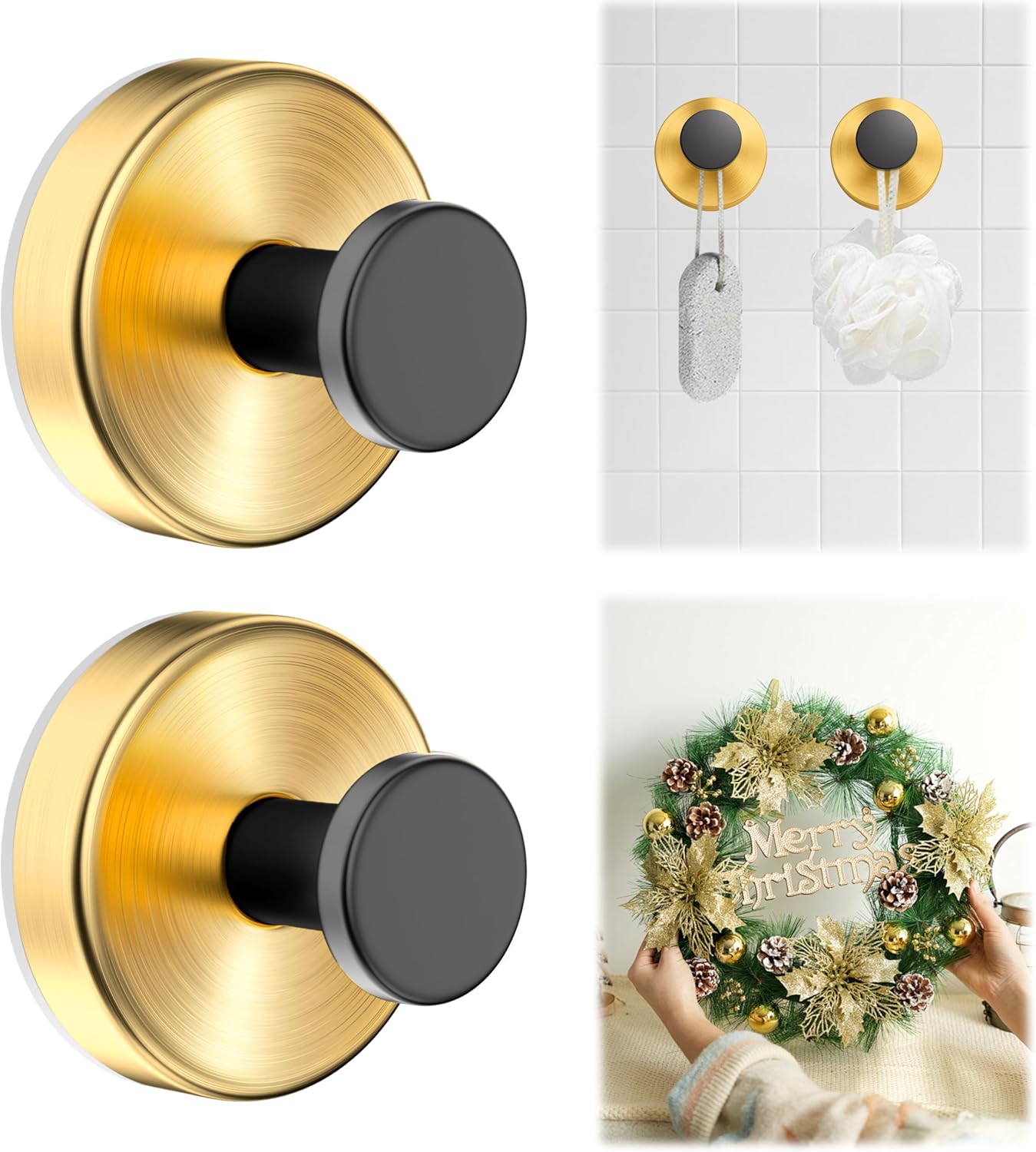 Suction Cup Hooks for Shower,Wreath Hanger for Front Door,Removable No Drill Towel Loofah Hooks,Upgraded 15 lbs Strong Suction for Bathroom,Wall,Glass,Stainless Waterproof- Black Gold 2 Pcs