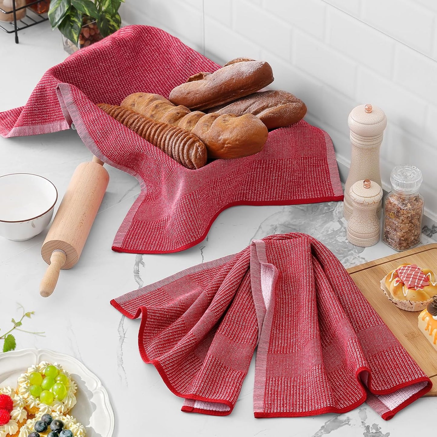 Homaxy Premium Kitchen Towels(18”x 28”, 6 Pack), Large Cotton Kitchen Hand Towels, Flat and Terry Dish Towels, 380 GSM Highly Absorbent Tea Towel Set with Hanging Loop, Red