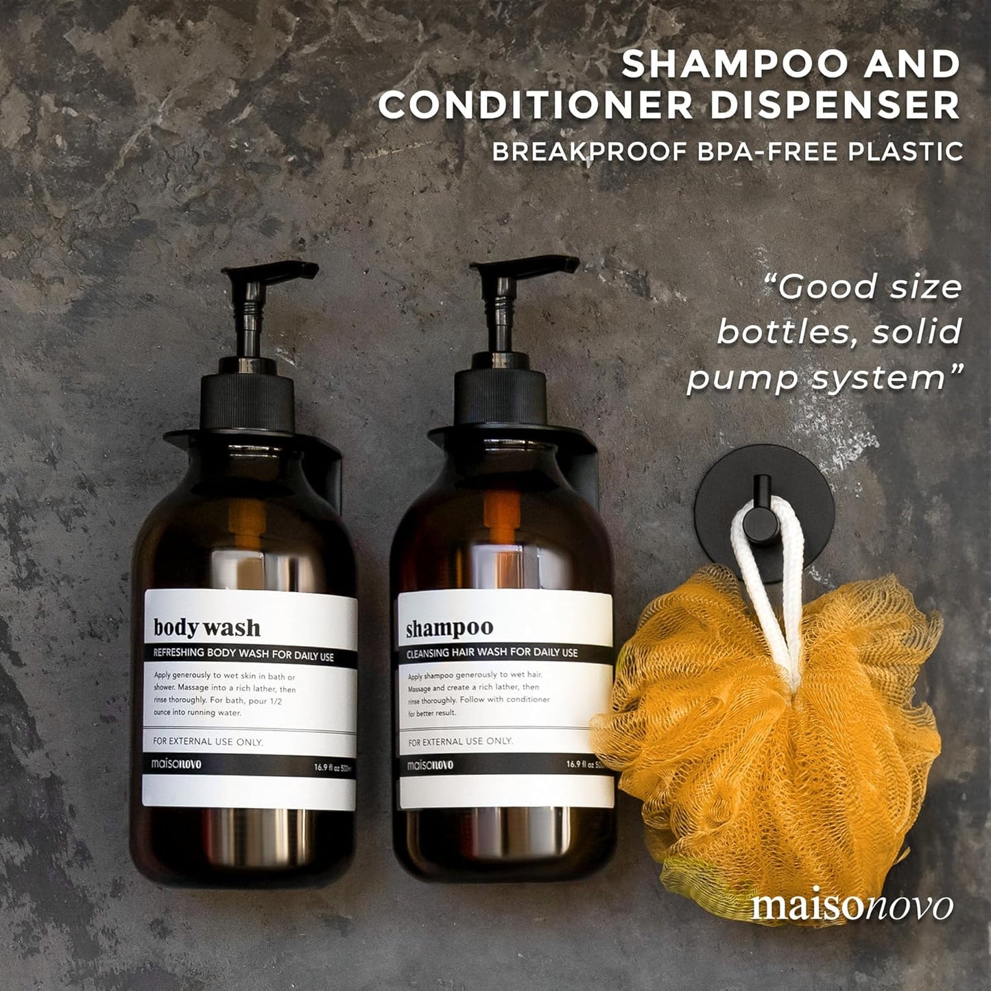 MaisoNovo Shampoo and Conditioner Dispenser - Shower Soap Dispenser Wall Mounted - 16.9 fl oz Set of 2 Amber Plastic Bottles Black Pump - Shampoo Dispenser, Shower Dispenser 2 Chamber No Drill