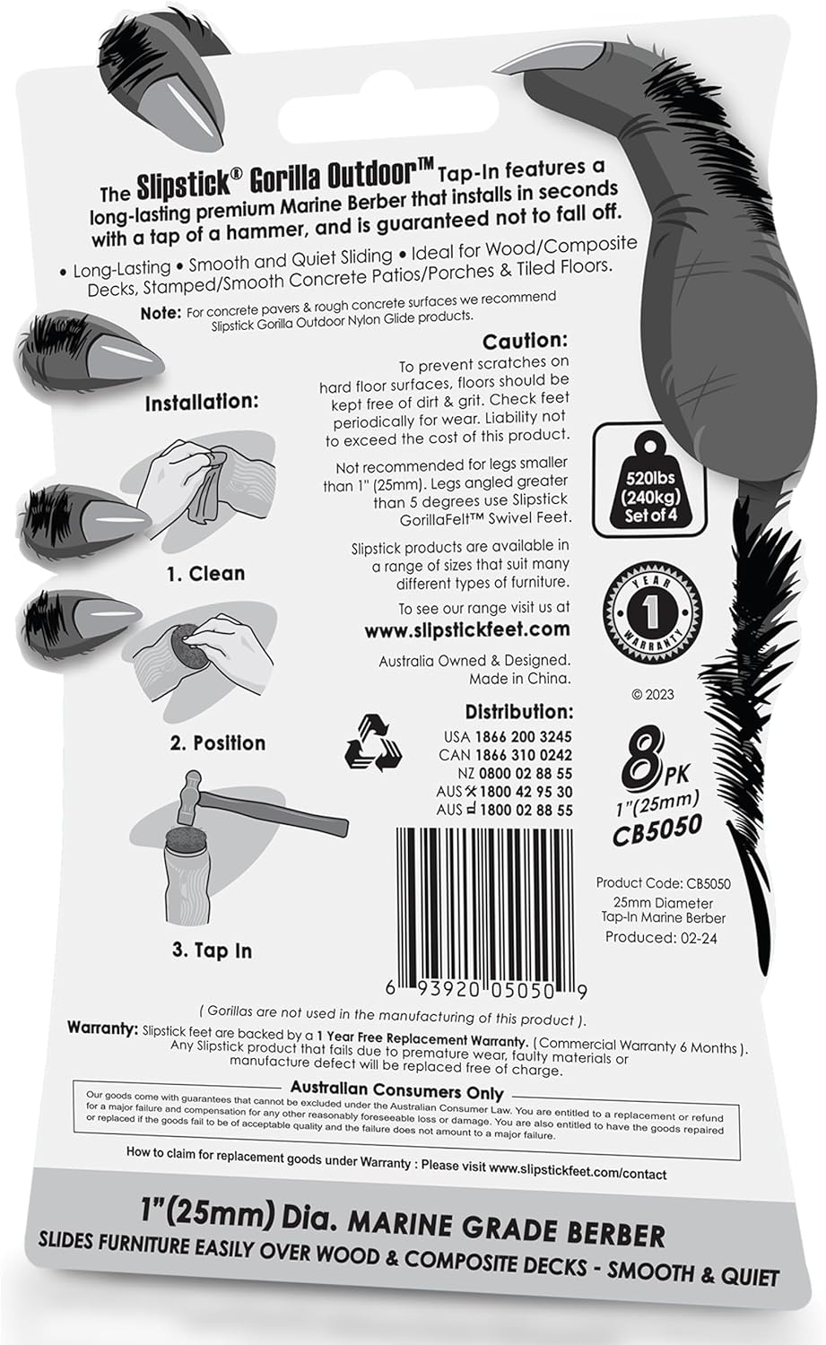 Gorilla Outdoor 1 inch Furniture Feet Floor Protectors/Weatherproof Berber Glides (Set of 8) Hammer On Furniture Pads for Outdoor & Indoor Use